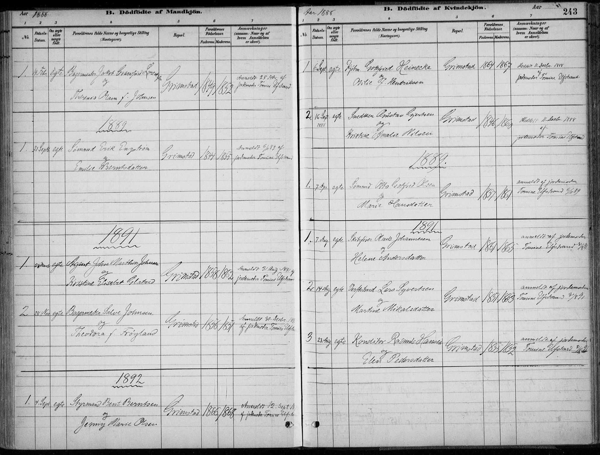 Grimstad sokneprestkontor, AV/SAK-1111-0017/F/Fa/L0003: Parish register (official) no. A 2, 1882-1912, p. 243