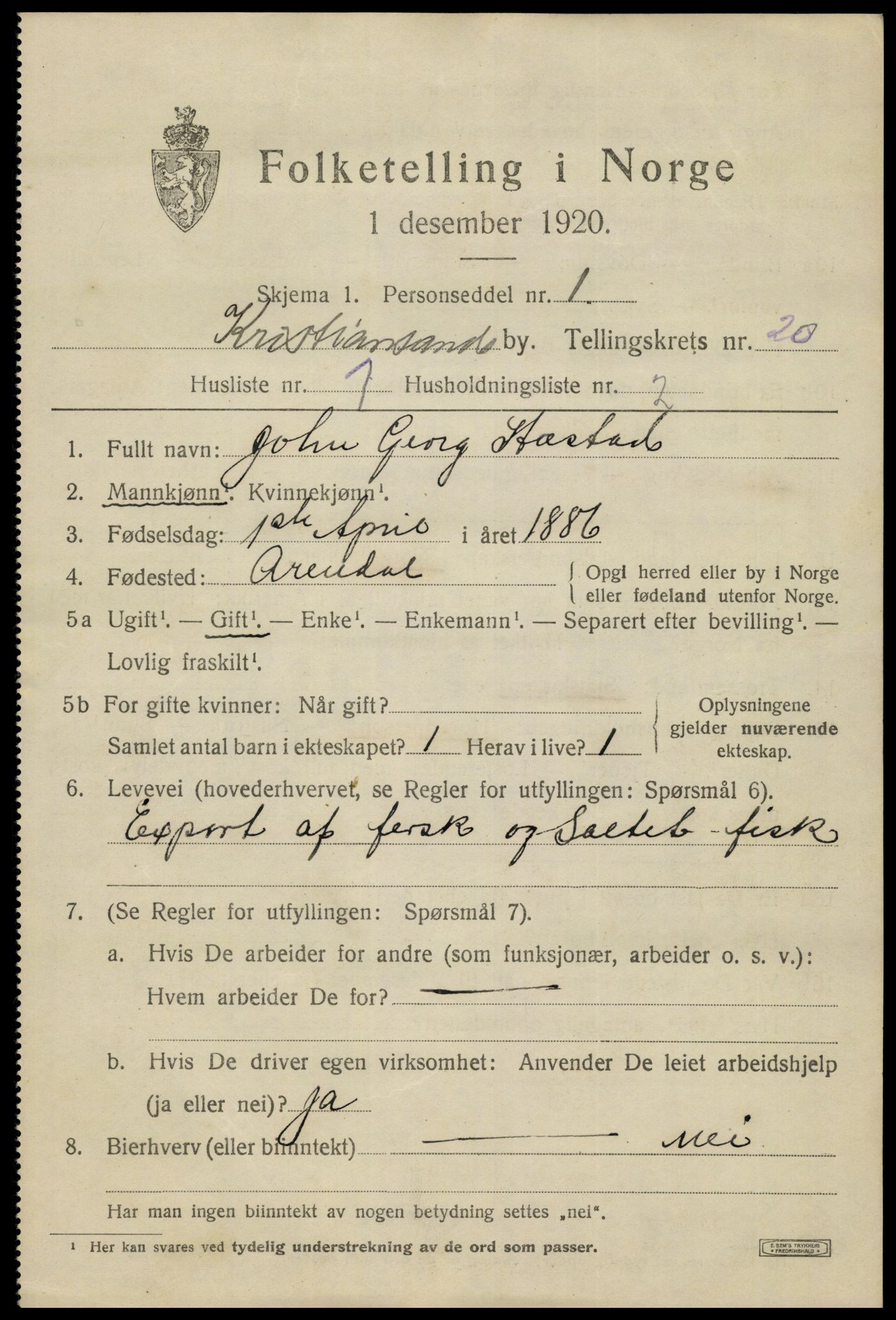 SAK, 1920 census for Kristiansand, 1920, p. 35725