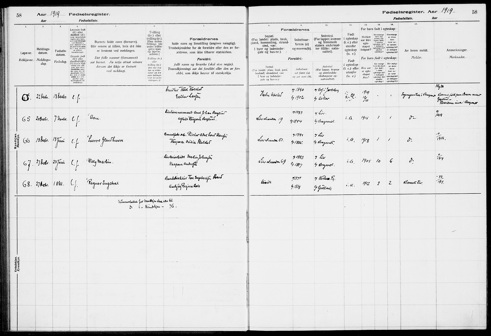 Lier kirkebøker, AV/SAKO-A-230/J/Ja/L0001: Birth register no. 1, 1916-1928, p. 58