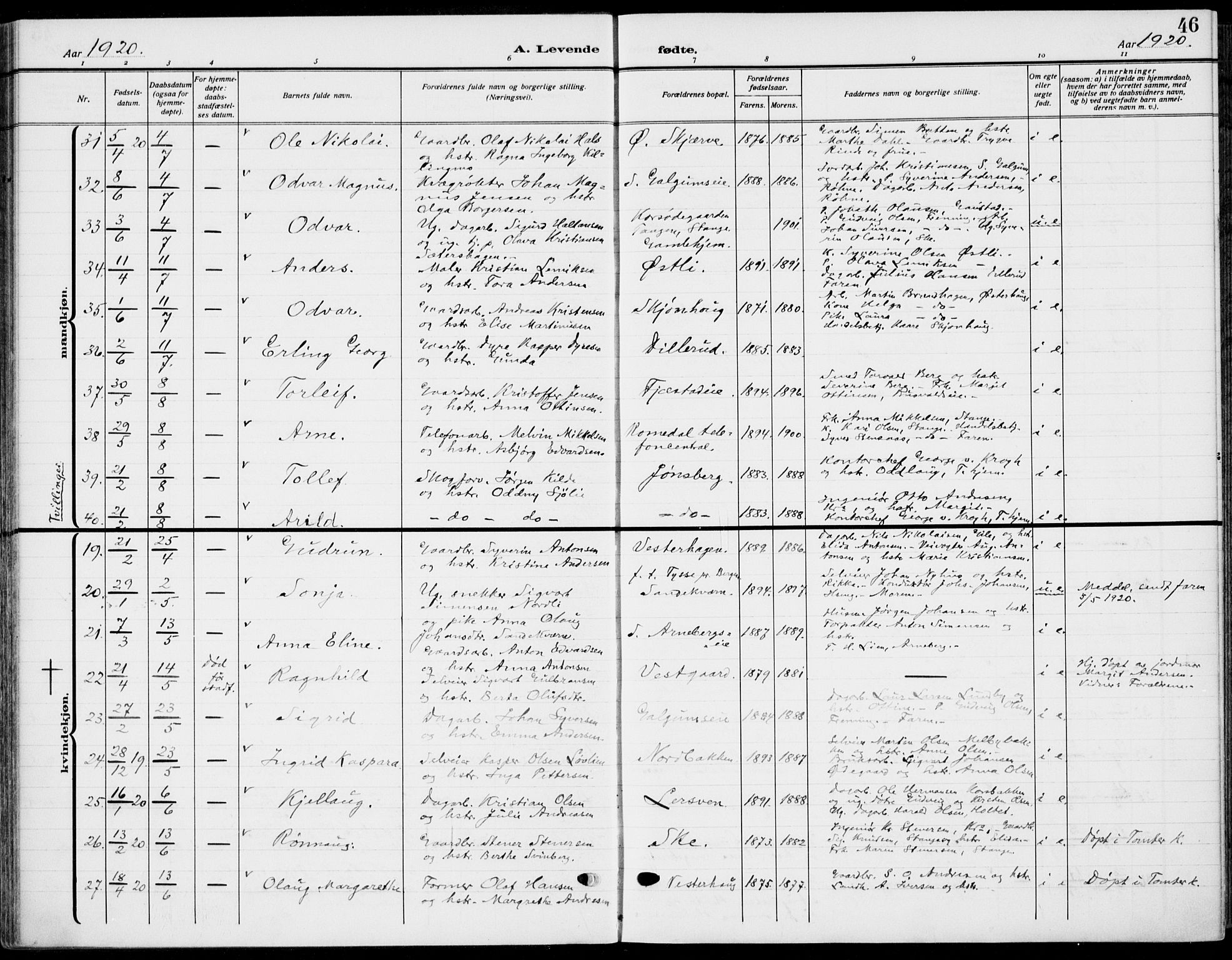 Romedal prestekontor, AV/SAH-PREST-004/K/L0012: Parish register (official) no. 12, 1913-1935, p. 46