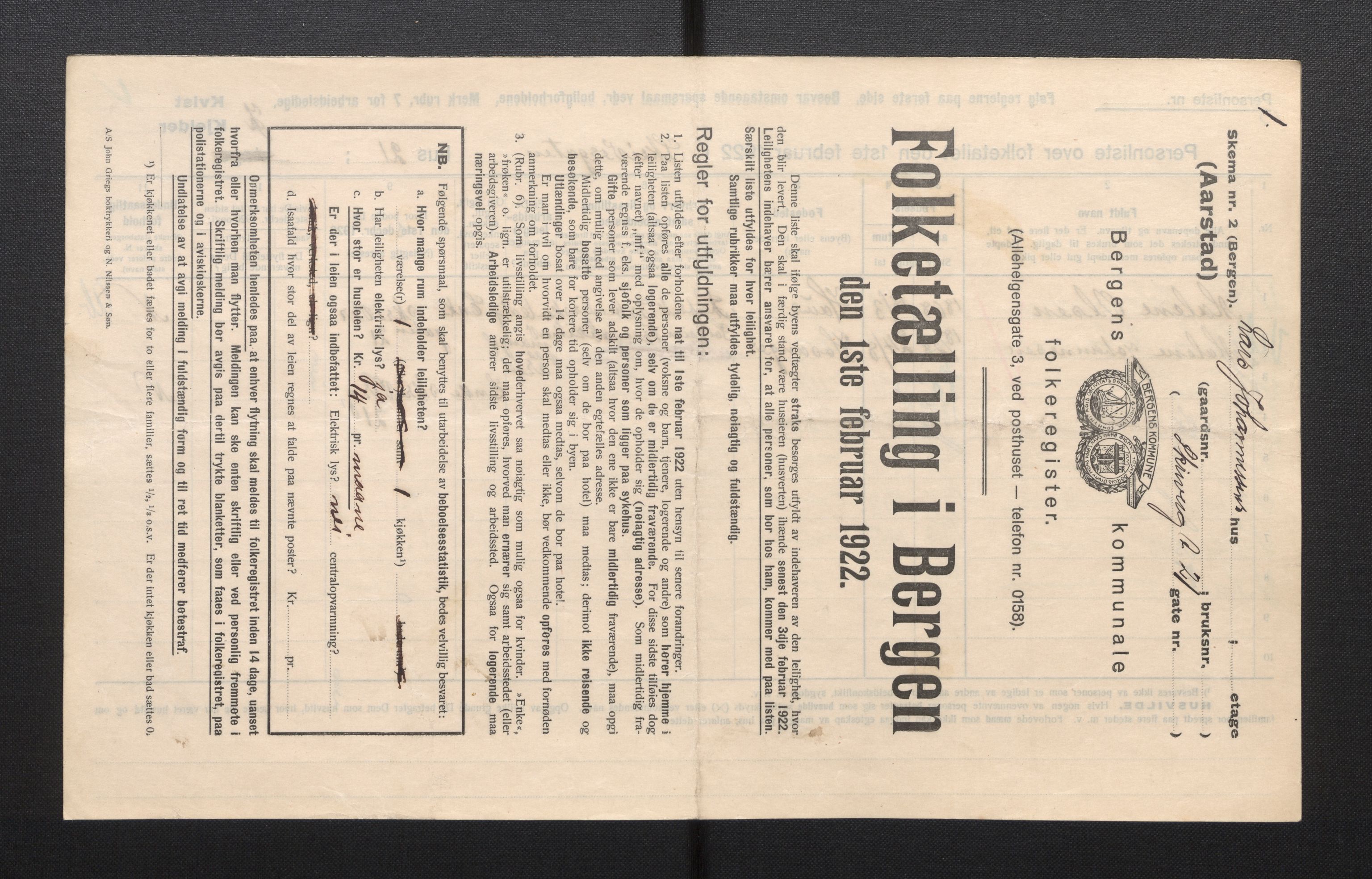 SAB, Municipal Census 1922 for Bergen, 1922, p. 57145