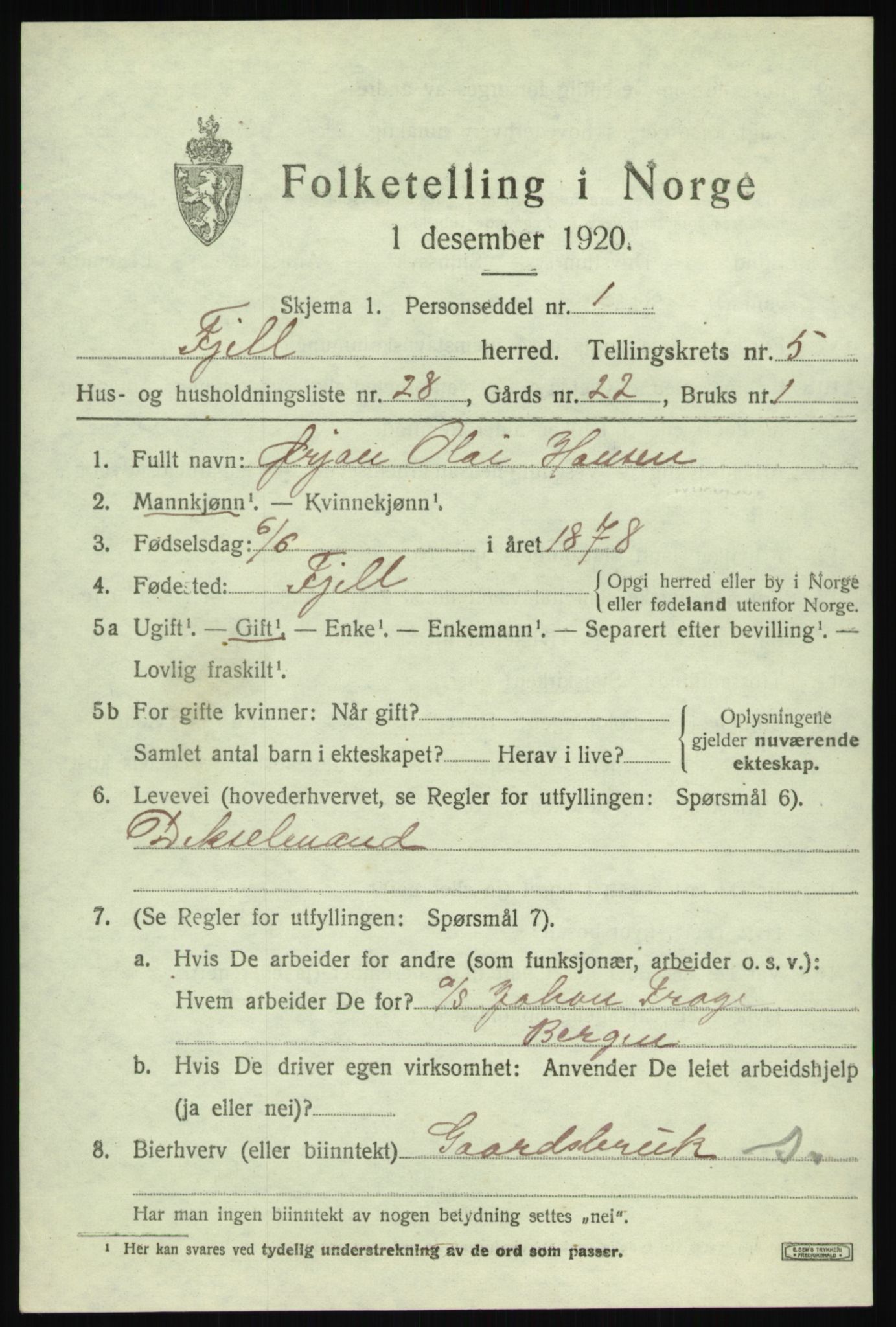 SAB, 1920 census for Fjell, 1920, p. 4826