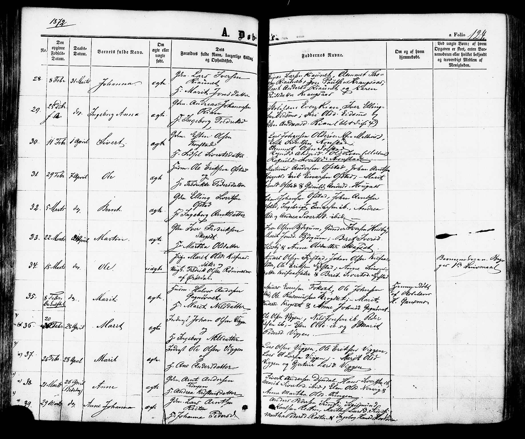 Ministerialprotokoller, klokkerbøker og fødselsregistre - Sør-Trøndelag, AV/SAT-A-1456/665/L0772: Parish register (official) no. 665A07, 1856-1878, p. 124