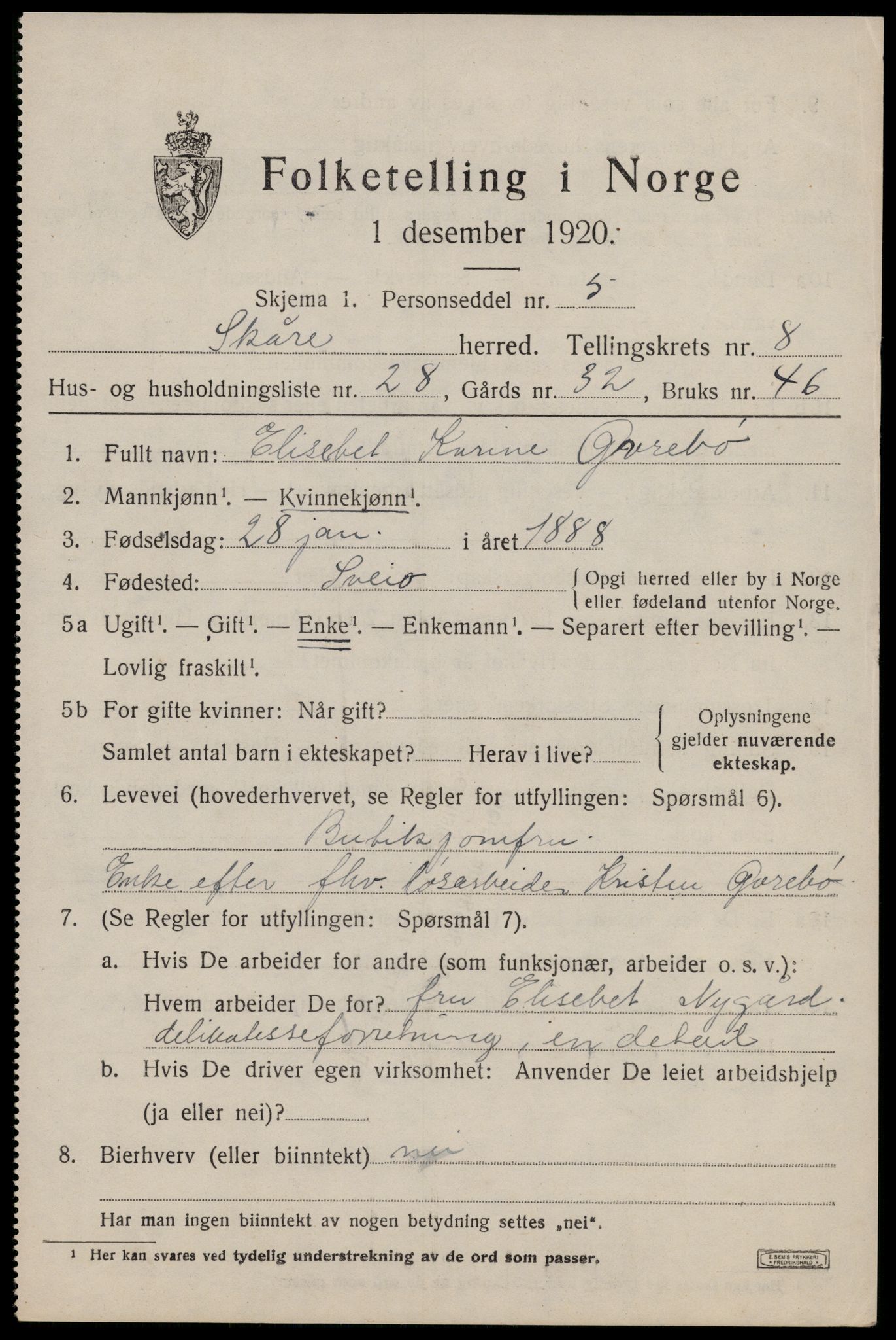 SAST, 1920 census for Skåre, 1920, p. 6314