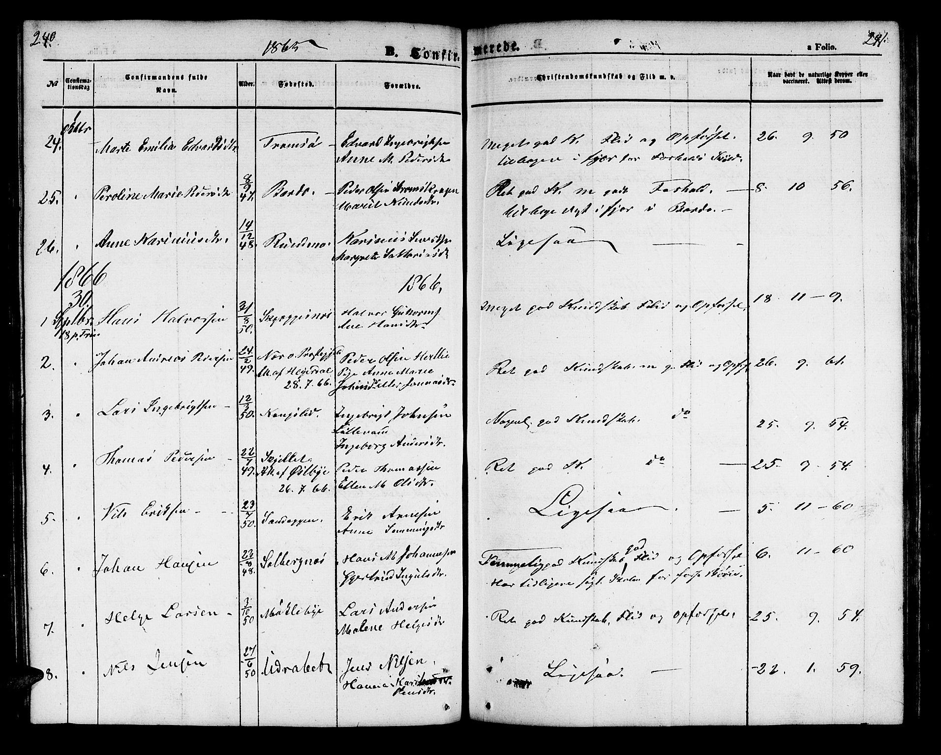 Målselv sokneprestembete, SATØ/S-1311/G/Ga/Gab/L0001klokker: Parish register (copy) no. 1, 1856-1866, p. 240-241