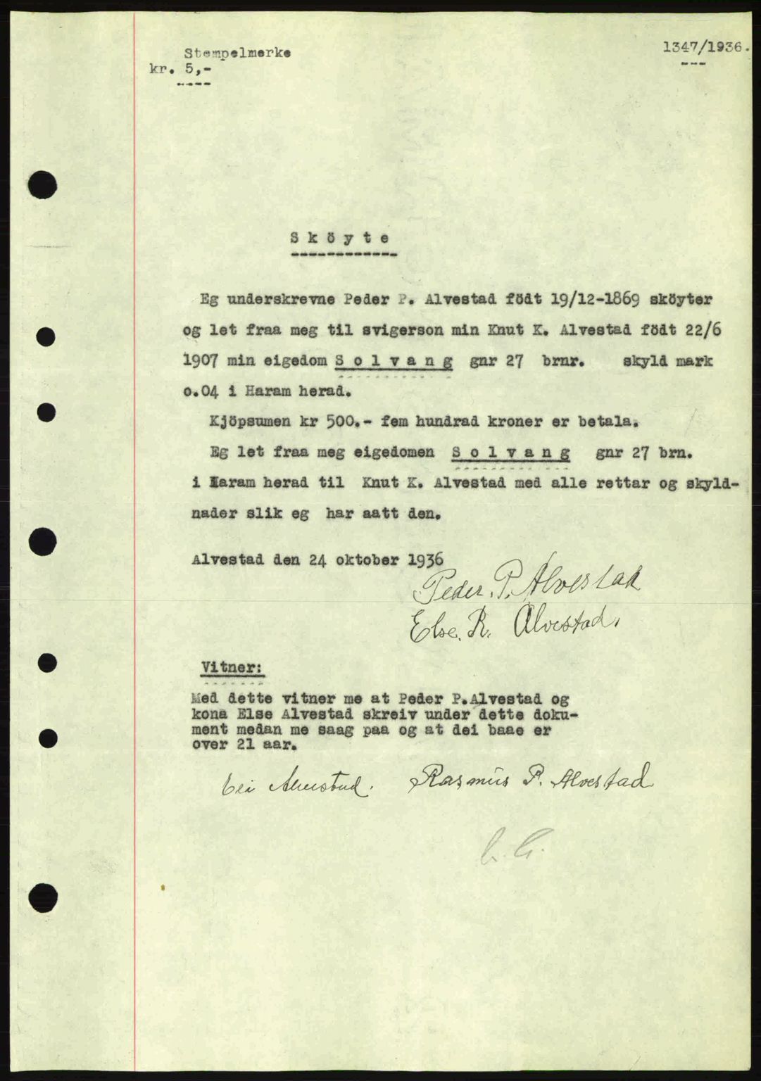 Nordre Sunnmøre sorenskriveri, AV/SAT-A-0006/1/2/2C/2Ca: Mortgage book no. A2, 1936-1937, Diary no: : 1347/1936