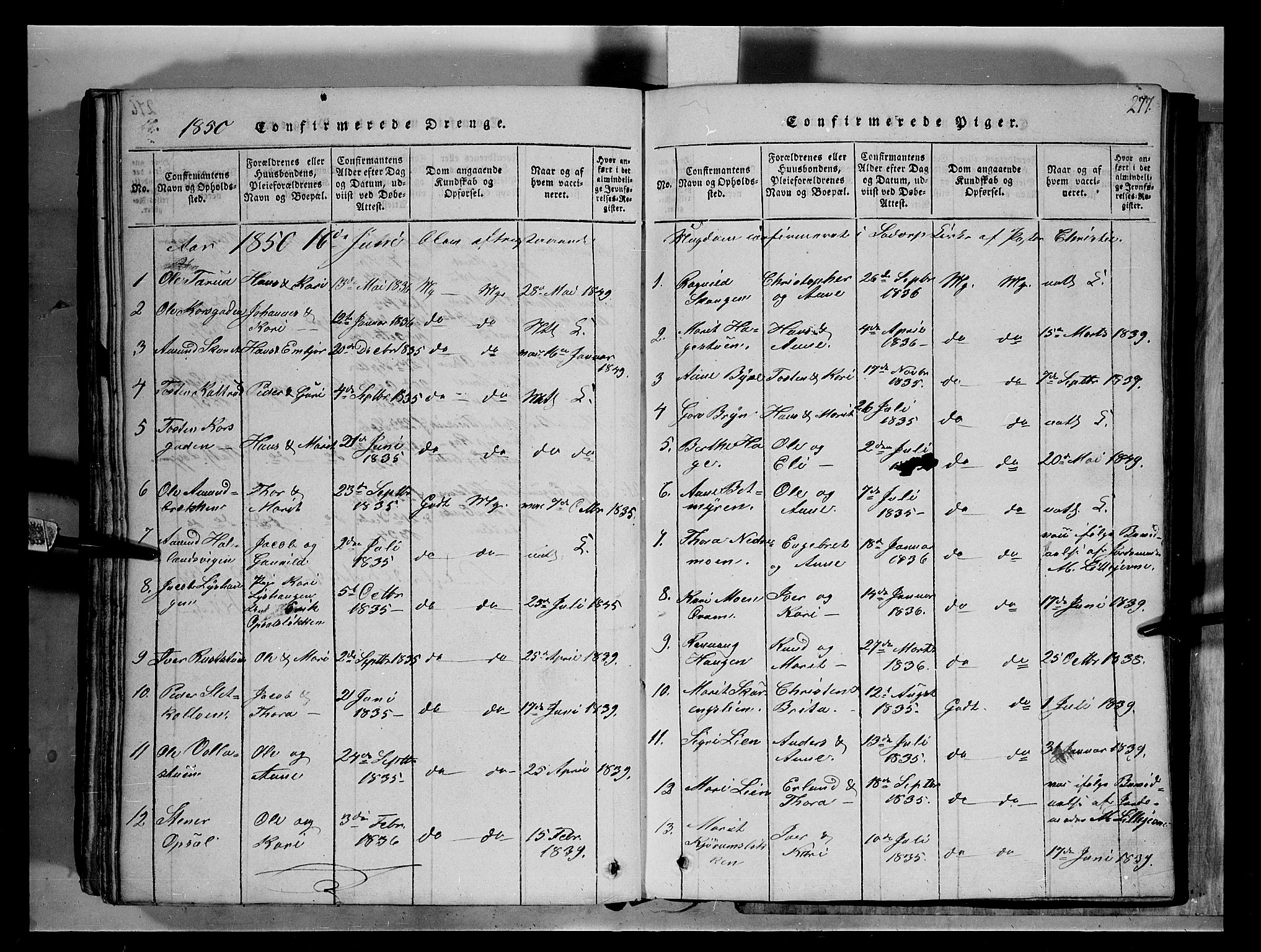 Fron prestekontor, SAH/PREST-078/H/Ha/Hab/L0004: Parish register (copy) no. 4, 1816-1850, p. 277
