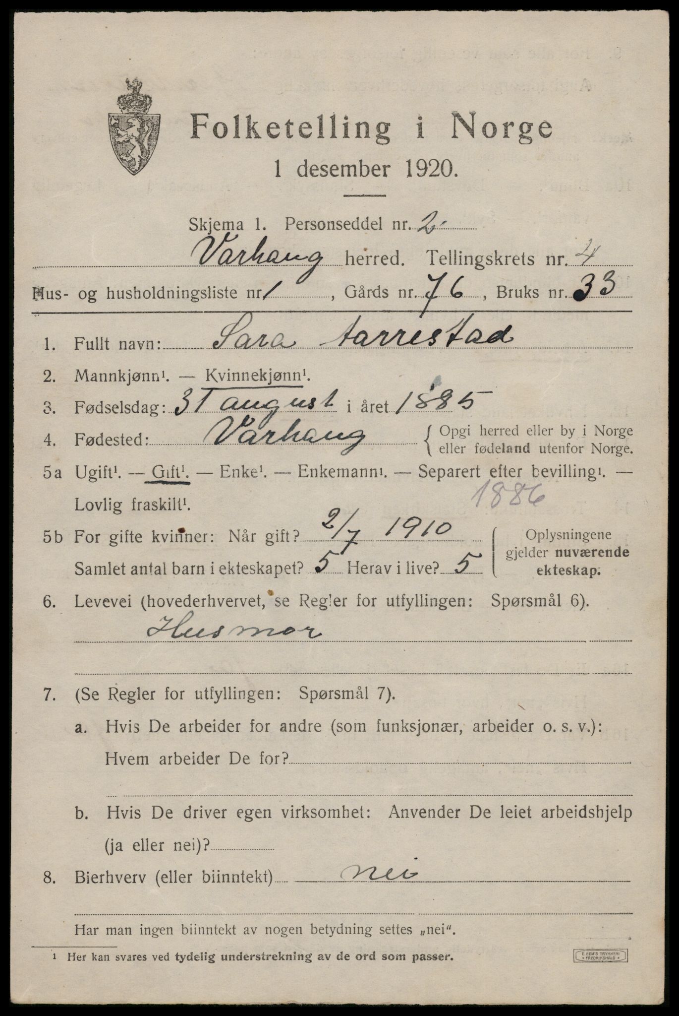 SAST, 1920 census for Varhaug, 1920, p. 3617