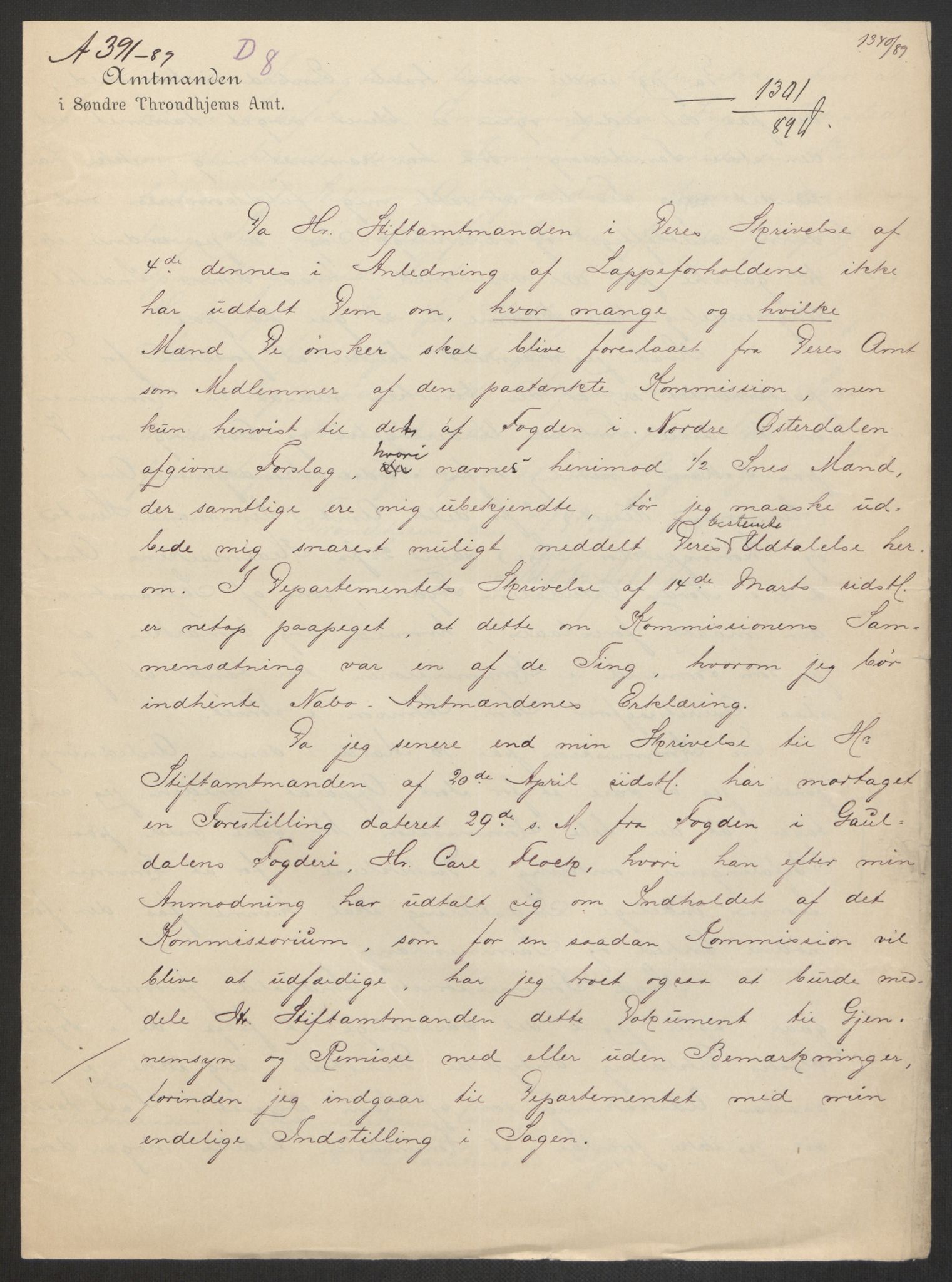 Landbruksdepartementet, Kontorer for reindrift og ferskvannsfiske, AV/RA-S-1247/2/E/Eb/L0014: Lappekommisjonen, 1885-1890, p. 455