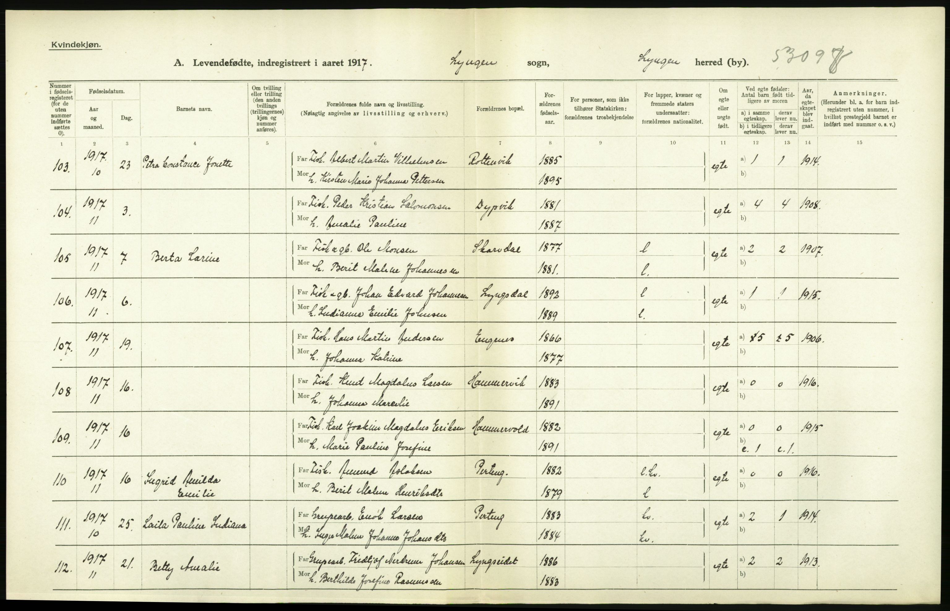 Statistisk sentralbyrå, Sosiodemografiske emner, Befolkning, AV/RA-S-2228/D/Df/Dfb/Dfbg/L0053: Tromsø amt: Levendefødte menn og kvinner. Bygder og byer., 1917, p. 198