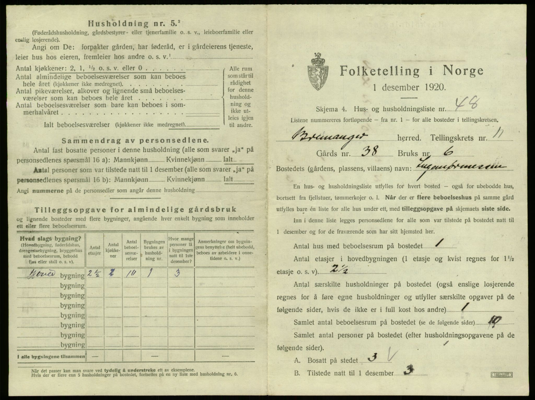 SAB, 1920 census for Bremanger, 1920, p. 851