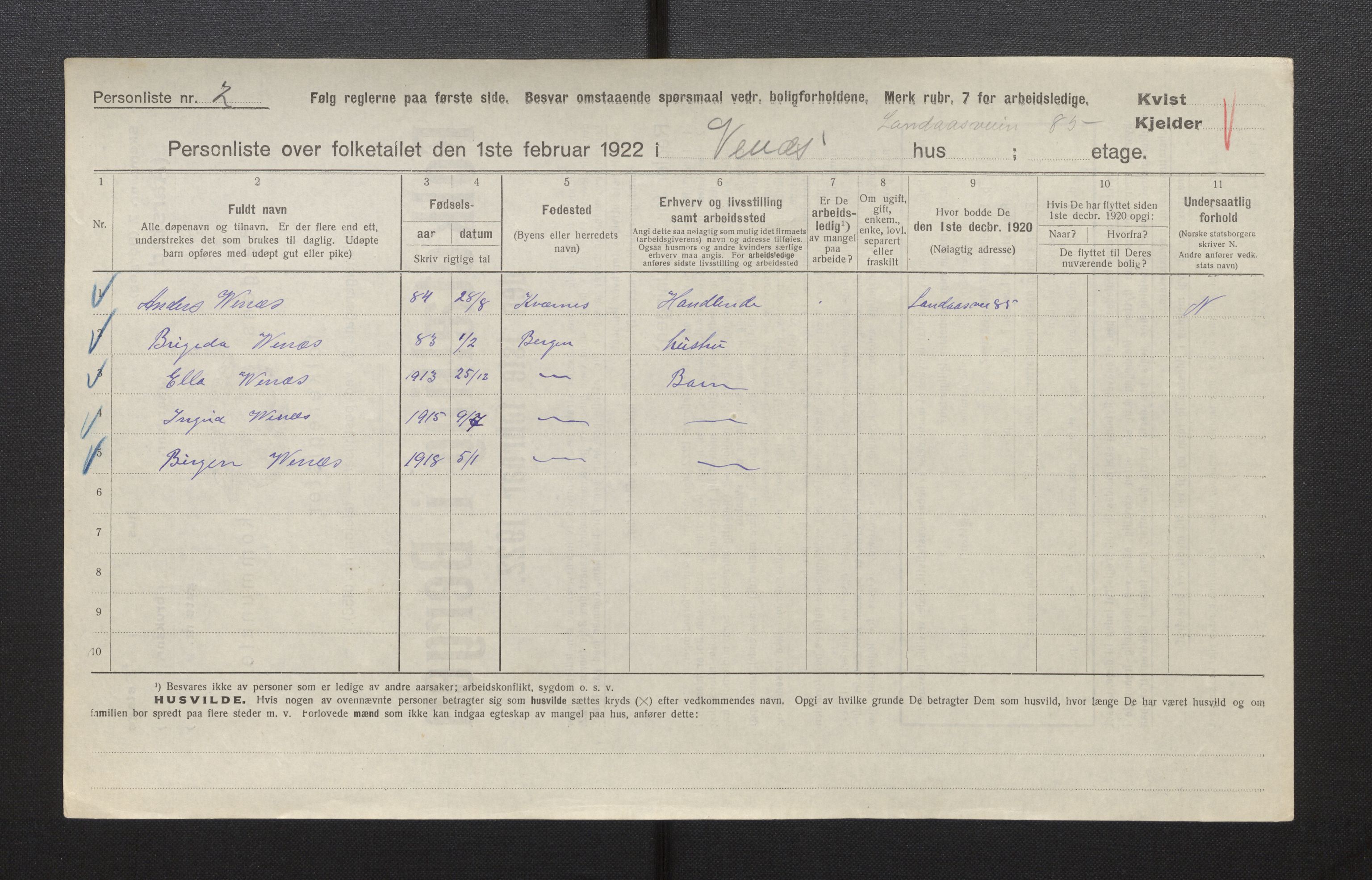 SAB, Municipal Census 1922 for Bergen, 1922, p. 55286