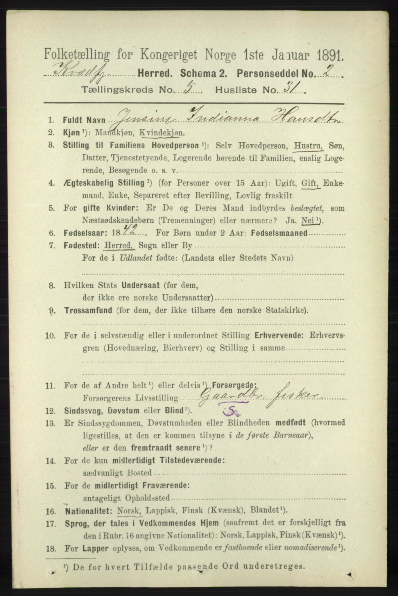 RA, 1891 census for 1911 Kvæfjord, 1891, p. 3051