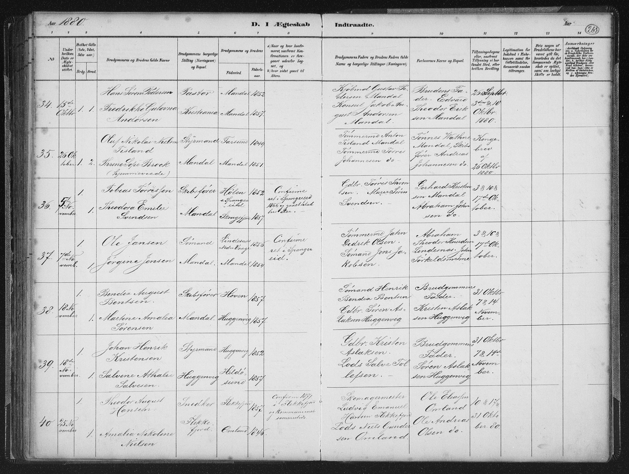 Mandal sokneprestkontor, AV/SAK-1111-0030/F/Fb/Fba/L0011: Parish register (copy) no. B 5, 1880-1898, p. 263