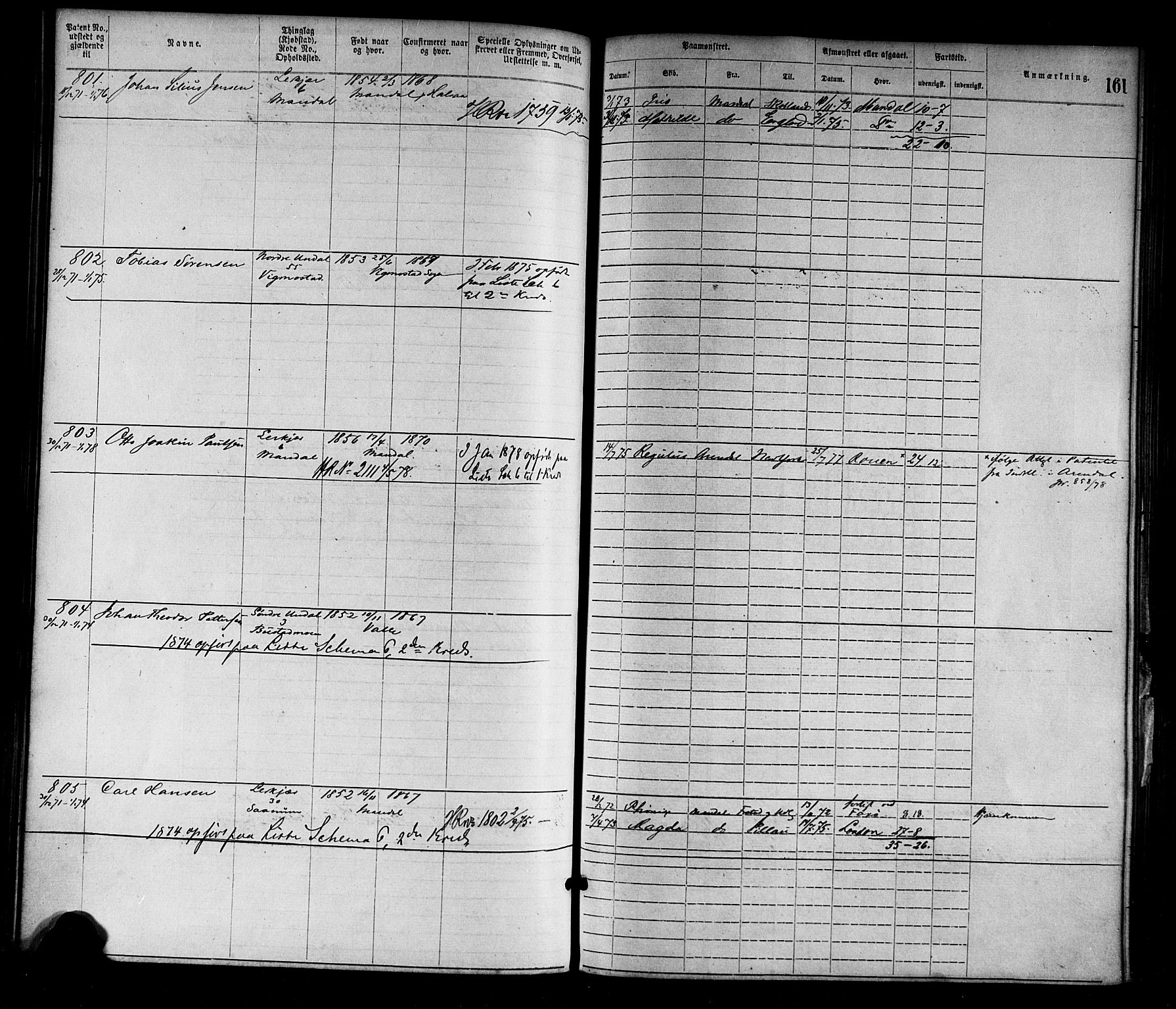 Mandal mønstringskrets, SAK/2031-0016/F/Fa/L0001: Annotasjonsrulle nr 1-1920 med register, L-3, 1869-1881, p. 194