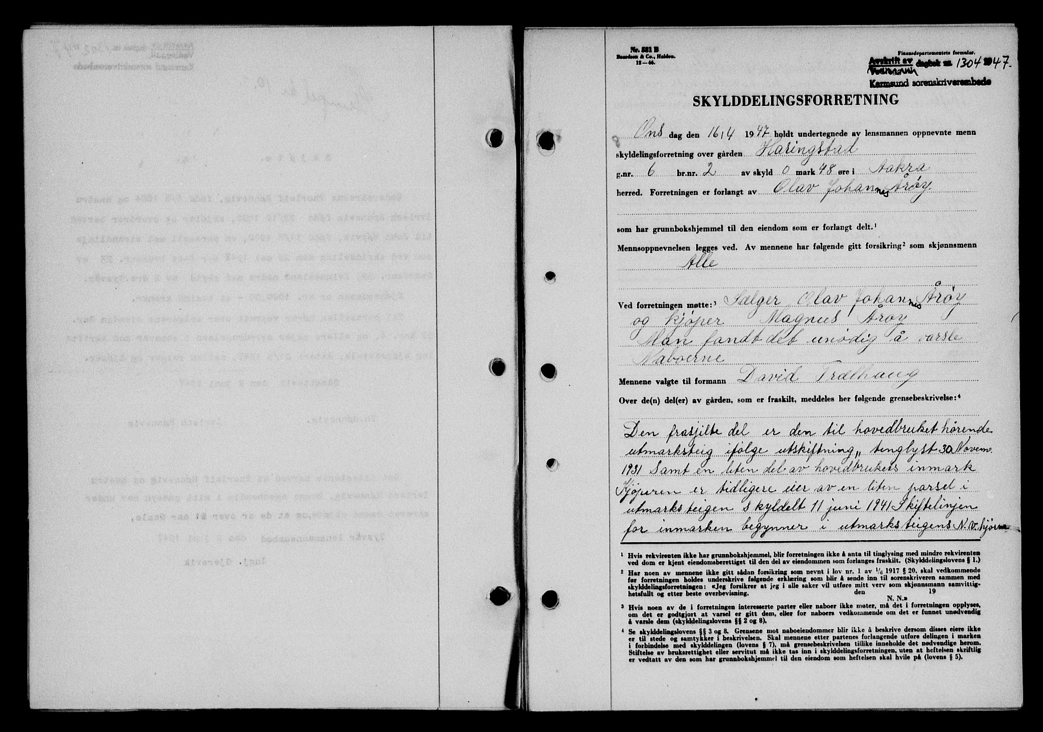 Karmsund sorenskriveri, SAST/A-100311/01/II/IIB/L0090: Mortgage book no. 70A, 1947-1947, Diary no: : 1304/1947