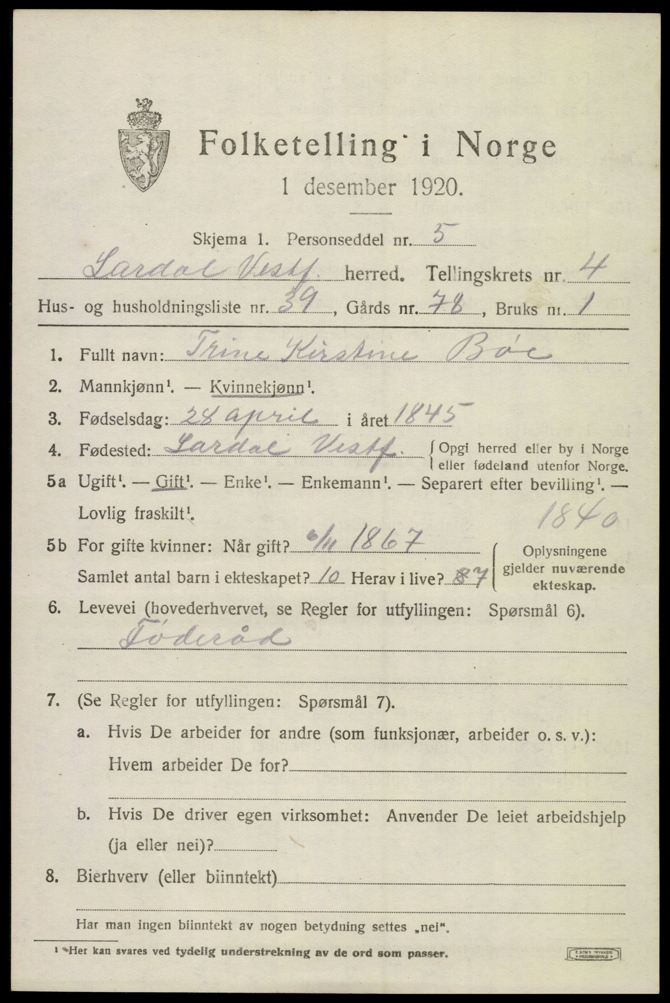SAKO, 1920 census for Lardal, 1920, p. 4005