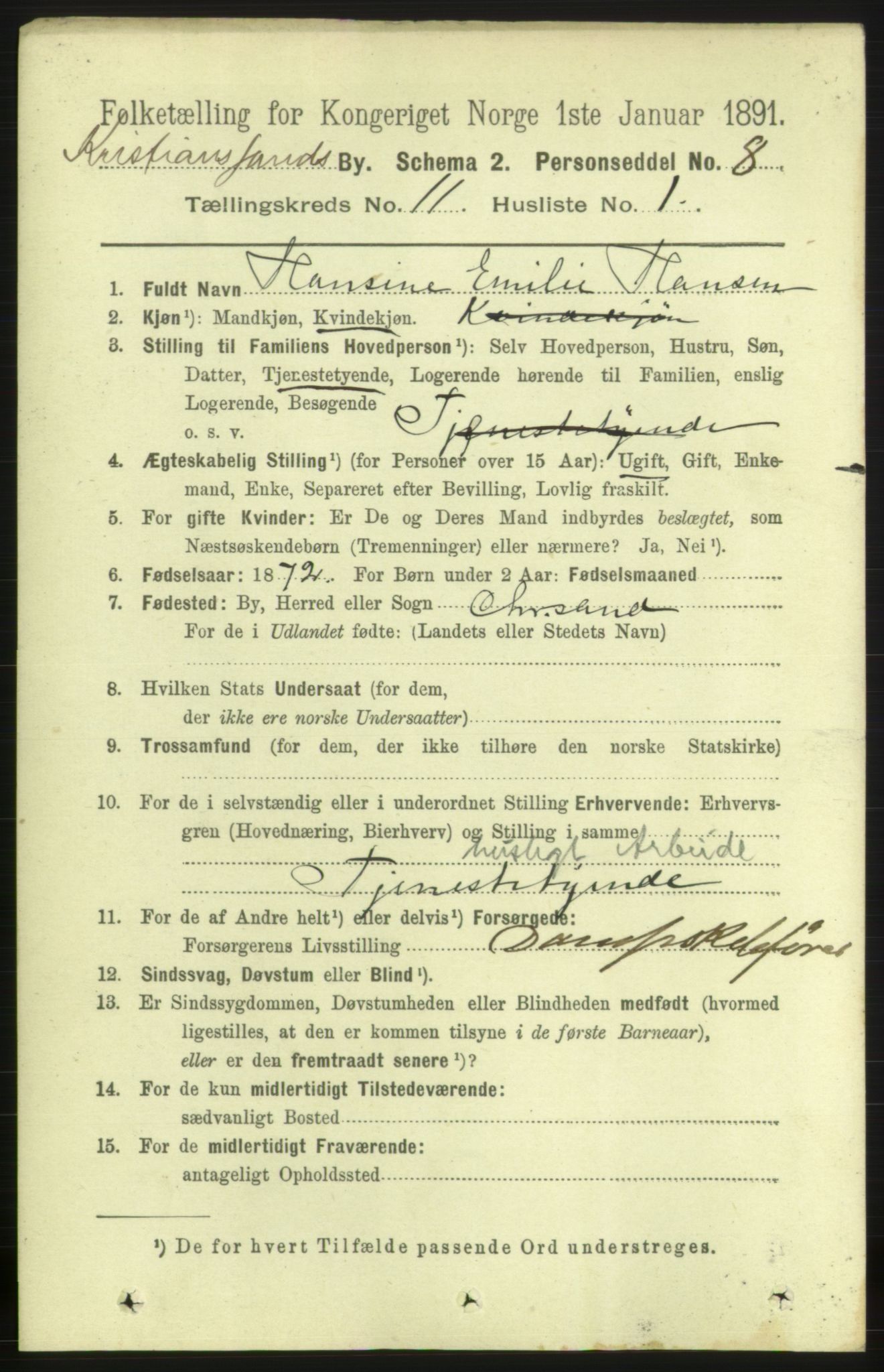 RA, 1891 census for 1001 Kristiansand, 1891, p. 5591