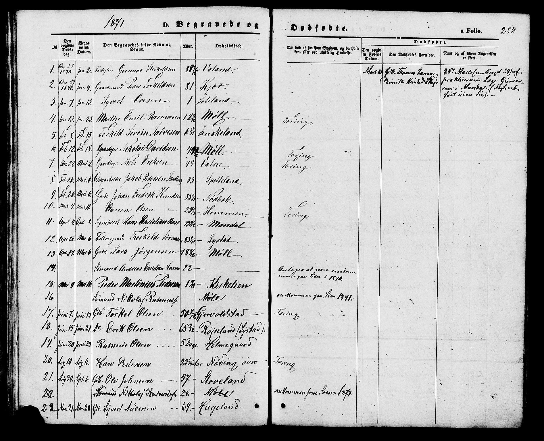 Holum sokneprestkontor, AV/SAK-1111-0022/F/Fb/Fba/L0004: Parish register (copy) no. B 4, 1867-1890, p. 283