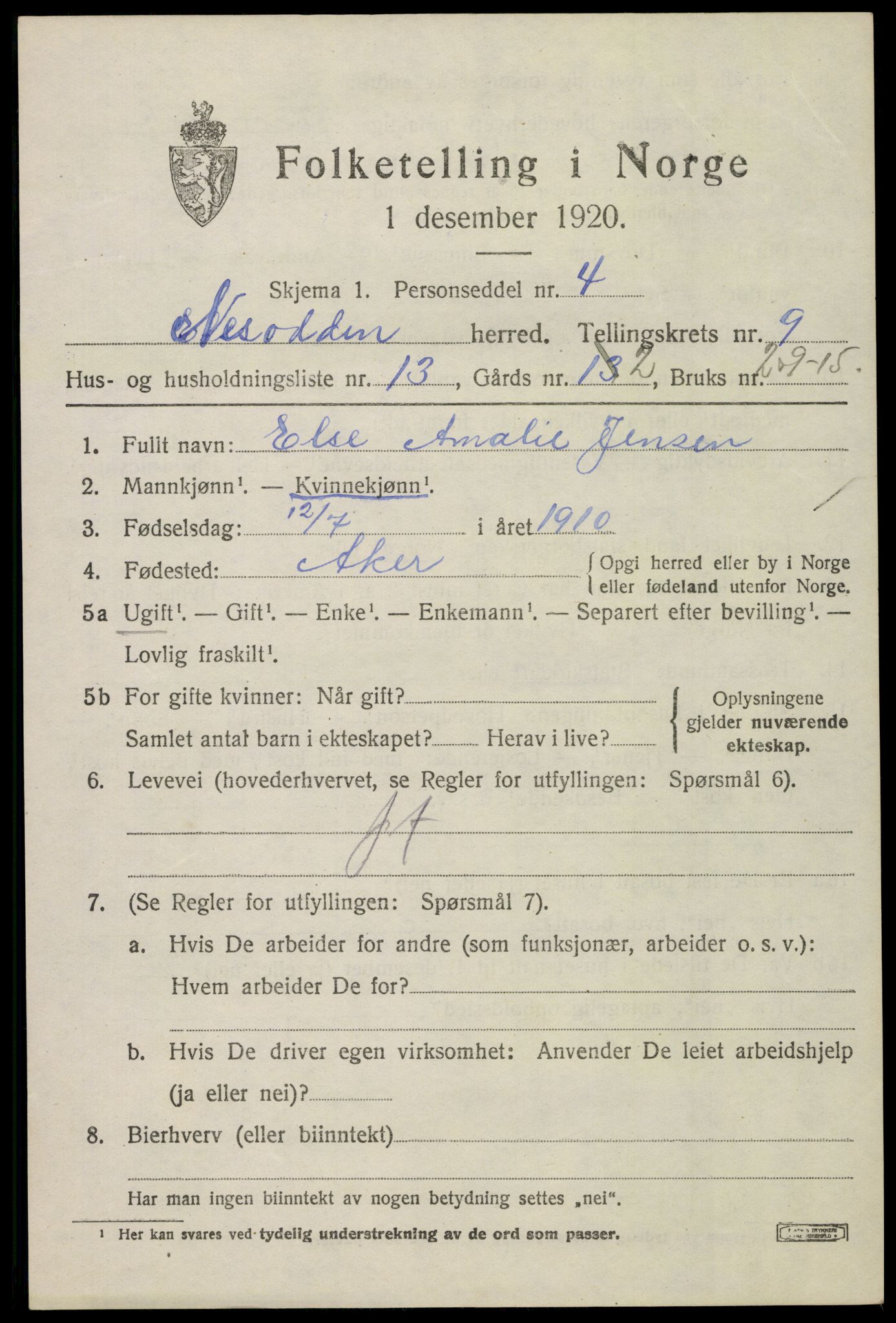 SAO, 1920 census for Nesodden, 1920, p. 6931