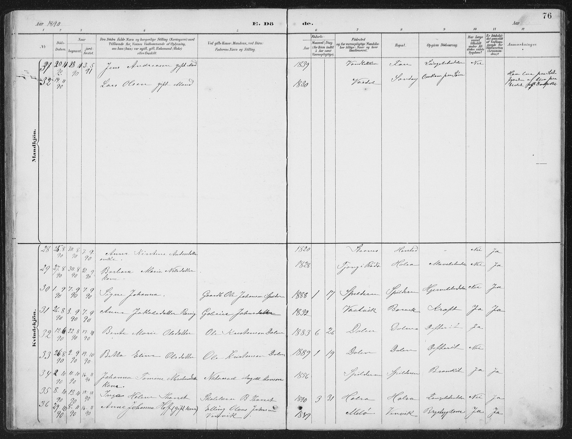 Ministerialprotokoller, klokkerbøker og fødselsregistre - Nordland, AV/SAT-A-1459/843/L0638: Parish register (copy) no. 843C07, 1888-1907, p. 76