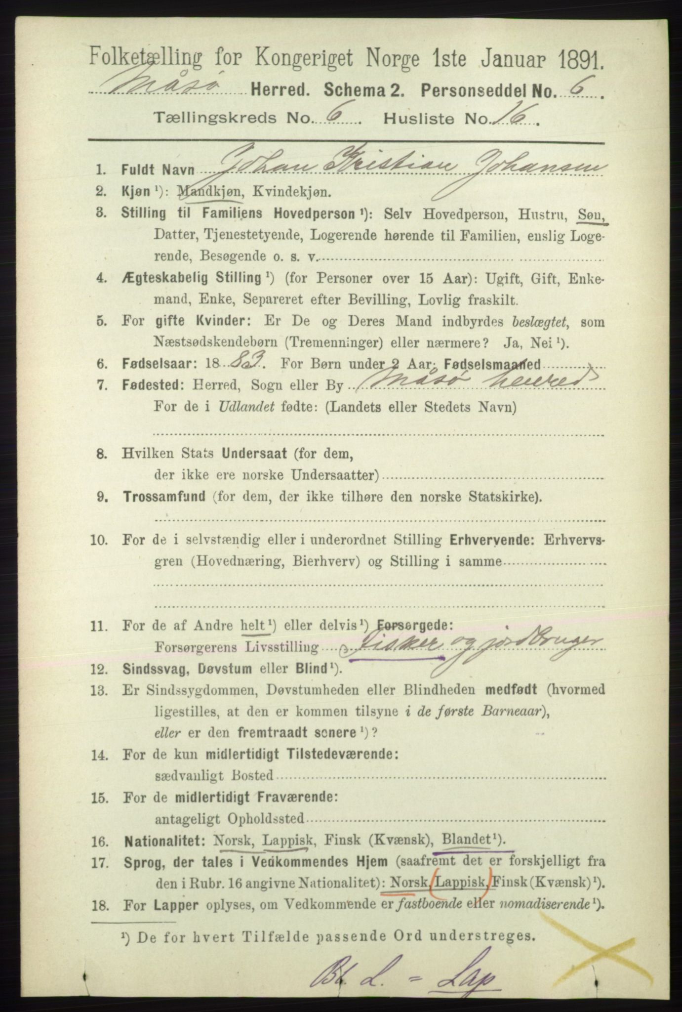 RA, 1891 census for 2018 Måsøy, 1891, p. 1223