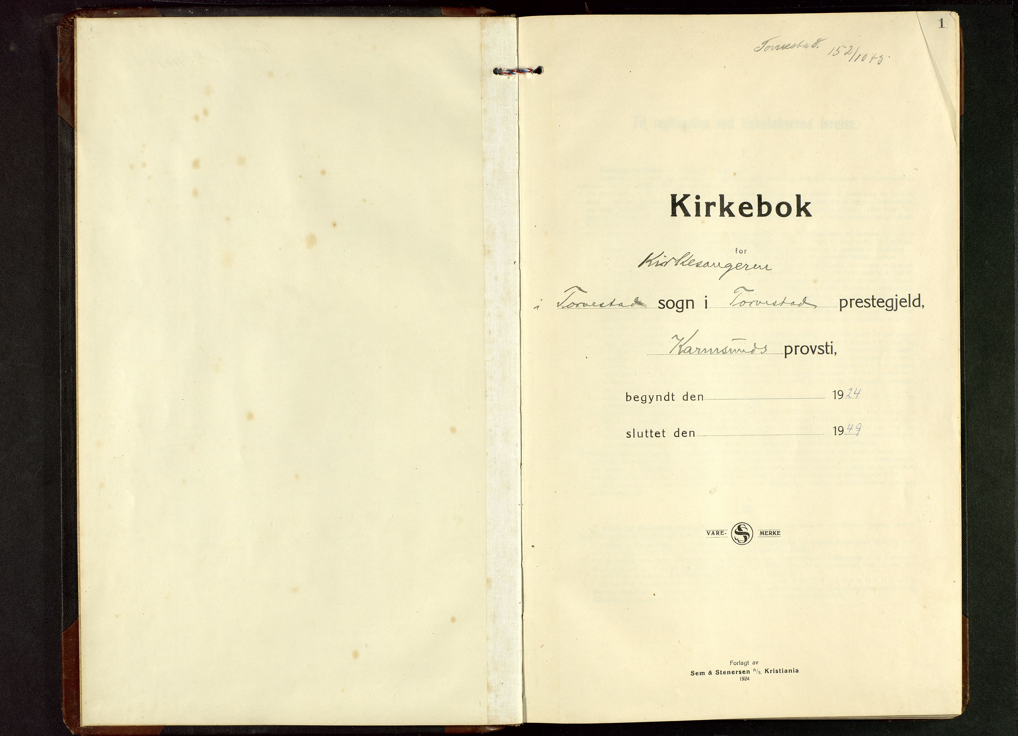 Torvastad sokneprestkontor, SAST/A -101857/H/Ha/Hab/L0009: Parish register (copy) no. B 9, 1924-1949, p. 1