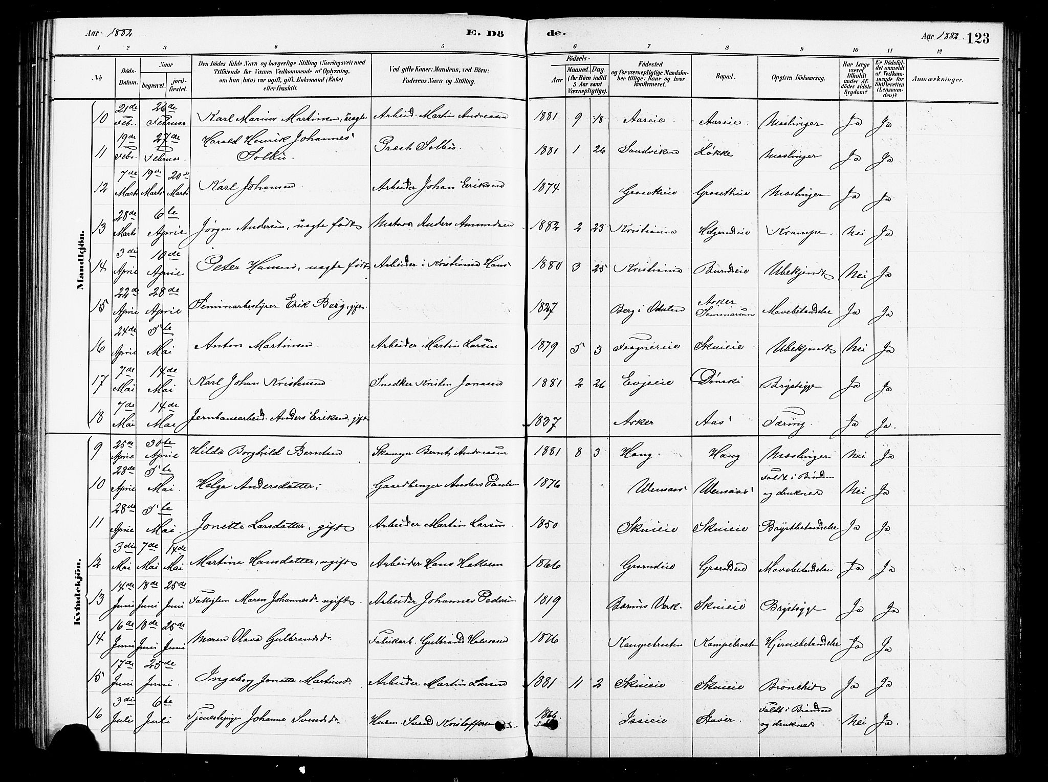 Asker prestekontor Kirkebøker, AV/SAO-A-10256a/F/Fb/L0001: Parish register (official) no. II 1, 1879-1895, p. 123