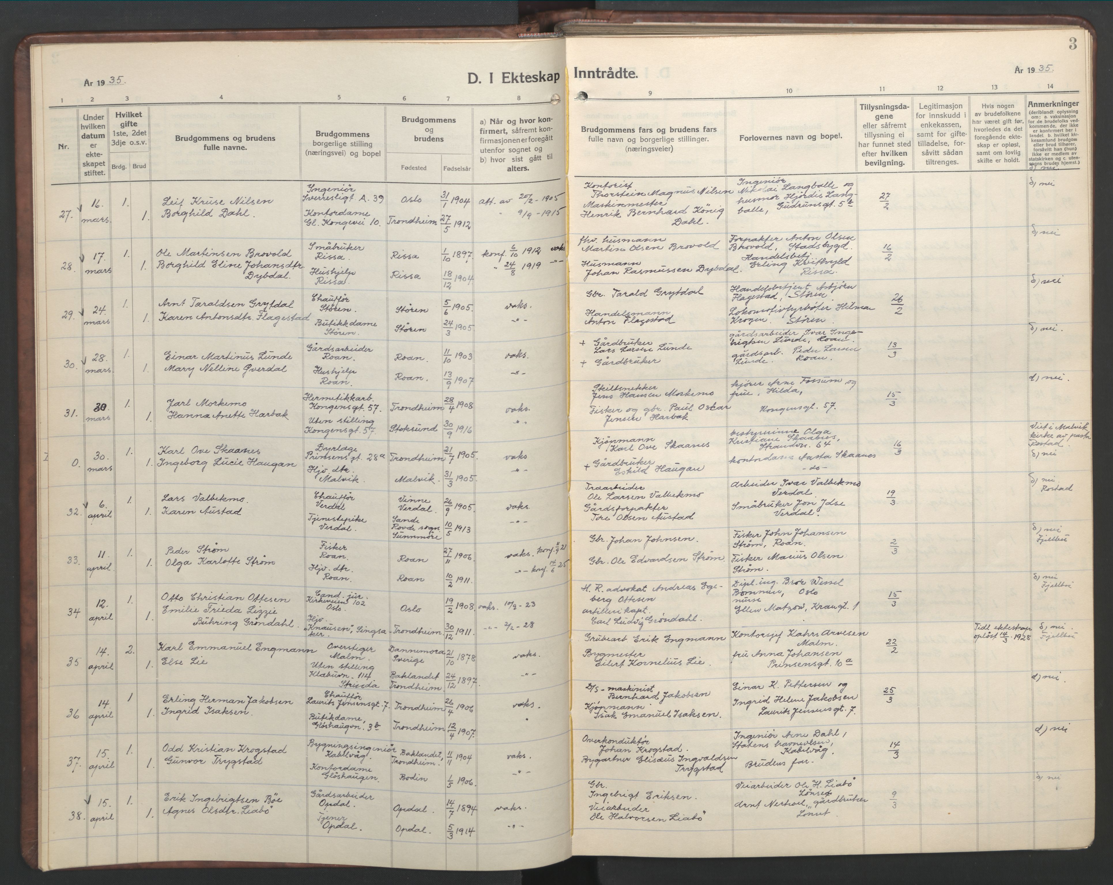 Ministerialprotokoller, klokkerbøker og fødselsregistre - Sør-Trøndelag, SAT/A-1456/601/L0101: Parish register (copy) no. 601C19, 1935-1946, p. 3