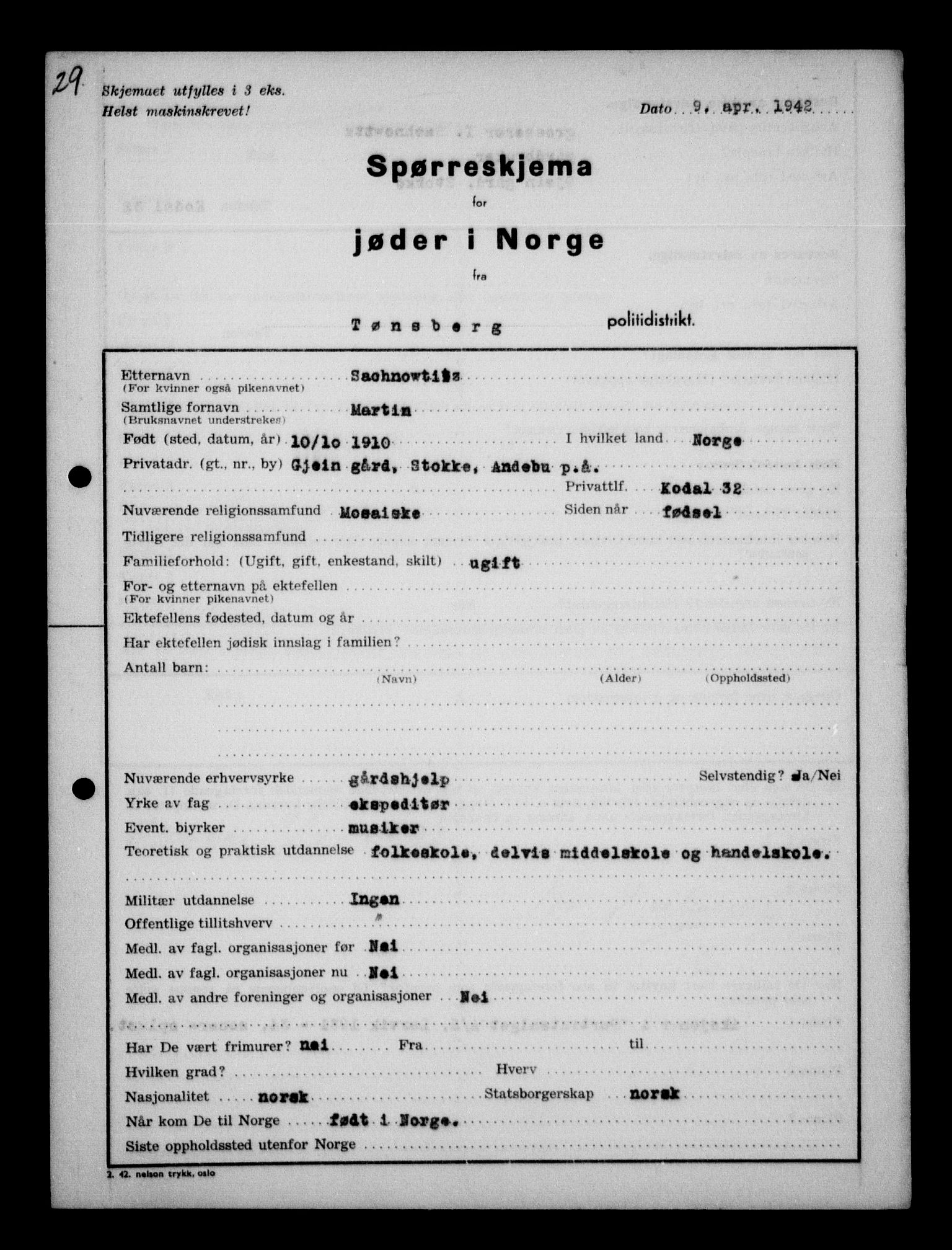 Statspolitiet - Hovedkontoret / Osloavdelingen, AV/RA-S-1329/G/Ga/L0013: Spørreskjema for jøder i Norge. 1: Sandefjord-Trondheim. 2: Tønsberg- Ålesund.  3: Skriv vedr. jøder A-H.  , 1942-1943, p. 584