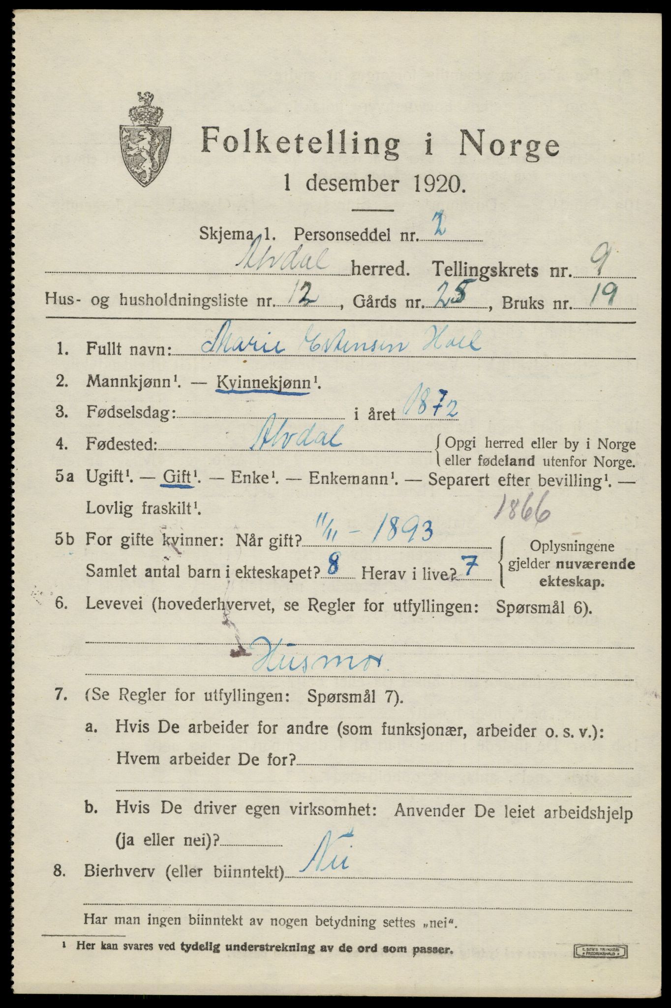 SAH, 1920 census for Alvdal, 1920, p. 5082