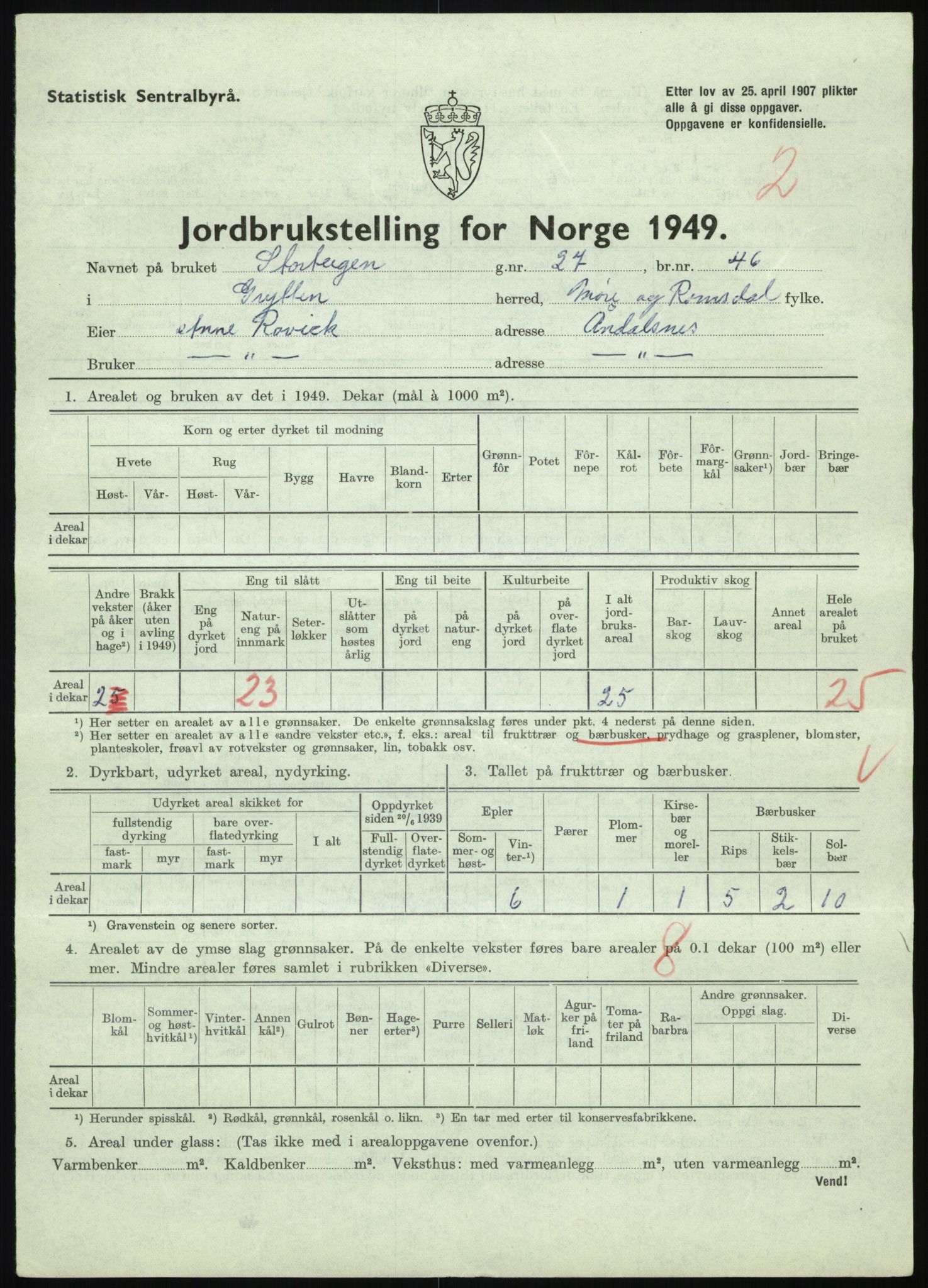 Statistisk sentralbyrå, Næringsøkonomiske emner, Jordbruk, skogbruk, jakt, fiske og fangst, AV/RA-S-2234/G/Gc/L0323: Møre og Romsdal: Grytten og Hen, 1949, p. 163