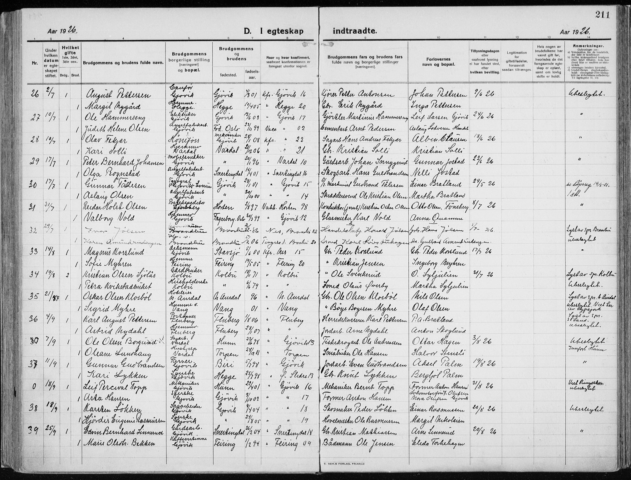 Vardal prestekontor, SAH/PREST-100/H/Ha/Haa/L0015: Parish register (official) no. 15, 1923-1937, p. 211