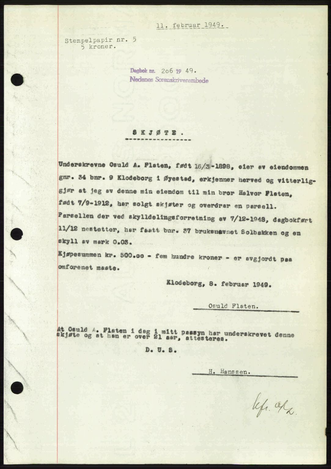 Nedenes sorenskriveri, AV/SAK-1221-0006/G/Gb/Gba/L0060: Mortgage book no. A12, 1948-1949, Diary no: : 206/1949