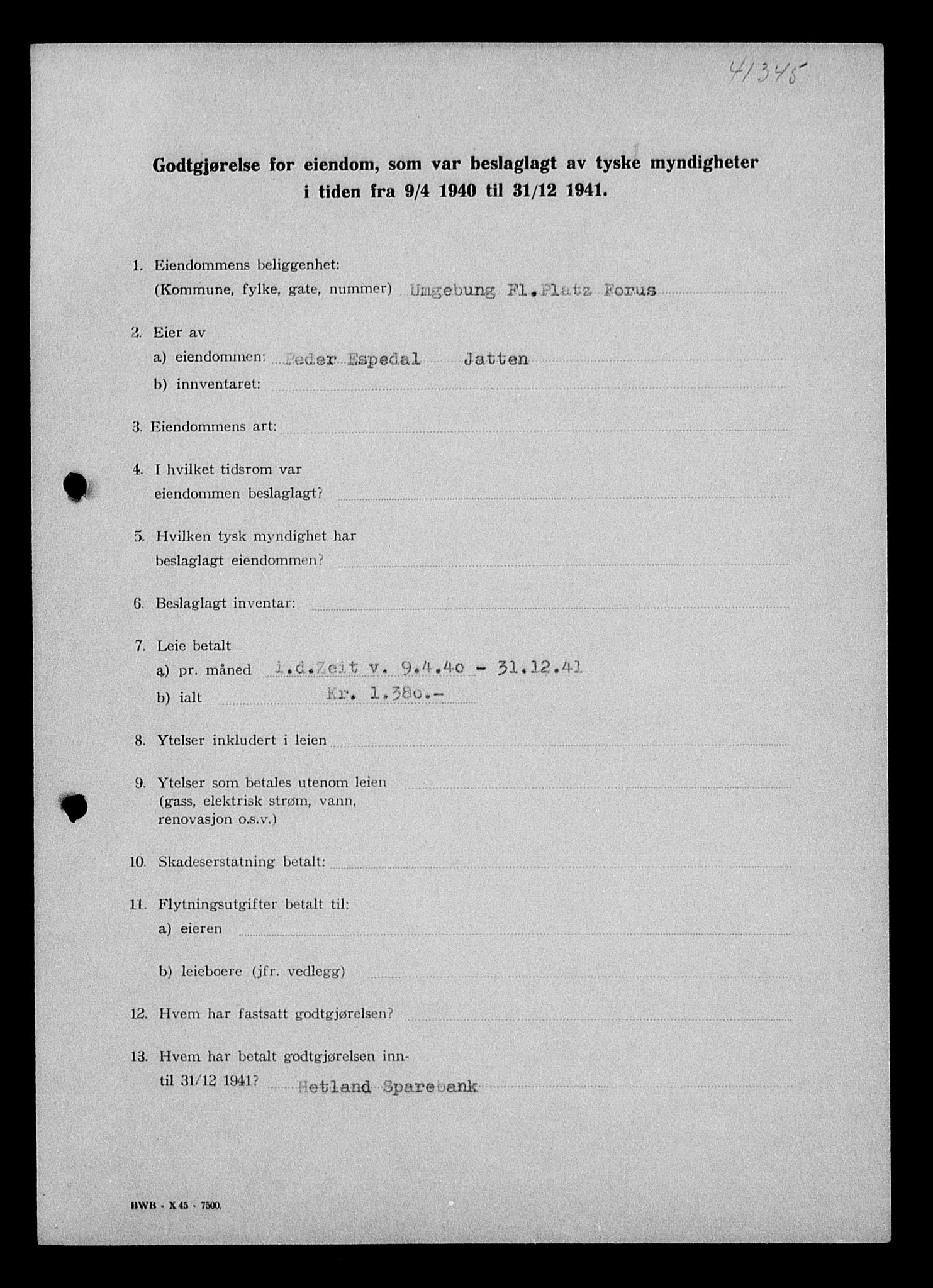 Justisdepartementet, Tilbakeføringskontoret for inndratte formuer, AV/RA-S-1564/I/L1015: Godtgjørelse for beslaglagt eiendom, 1940-1941, p. 446