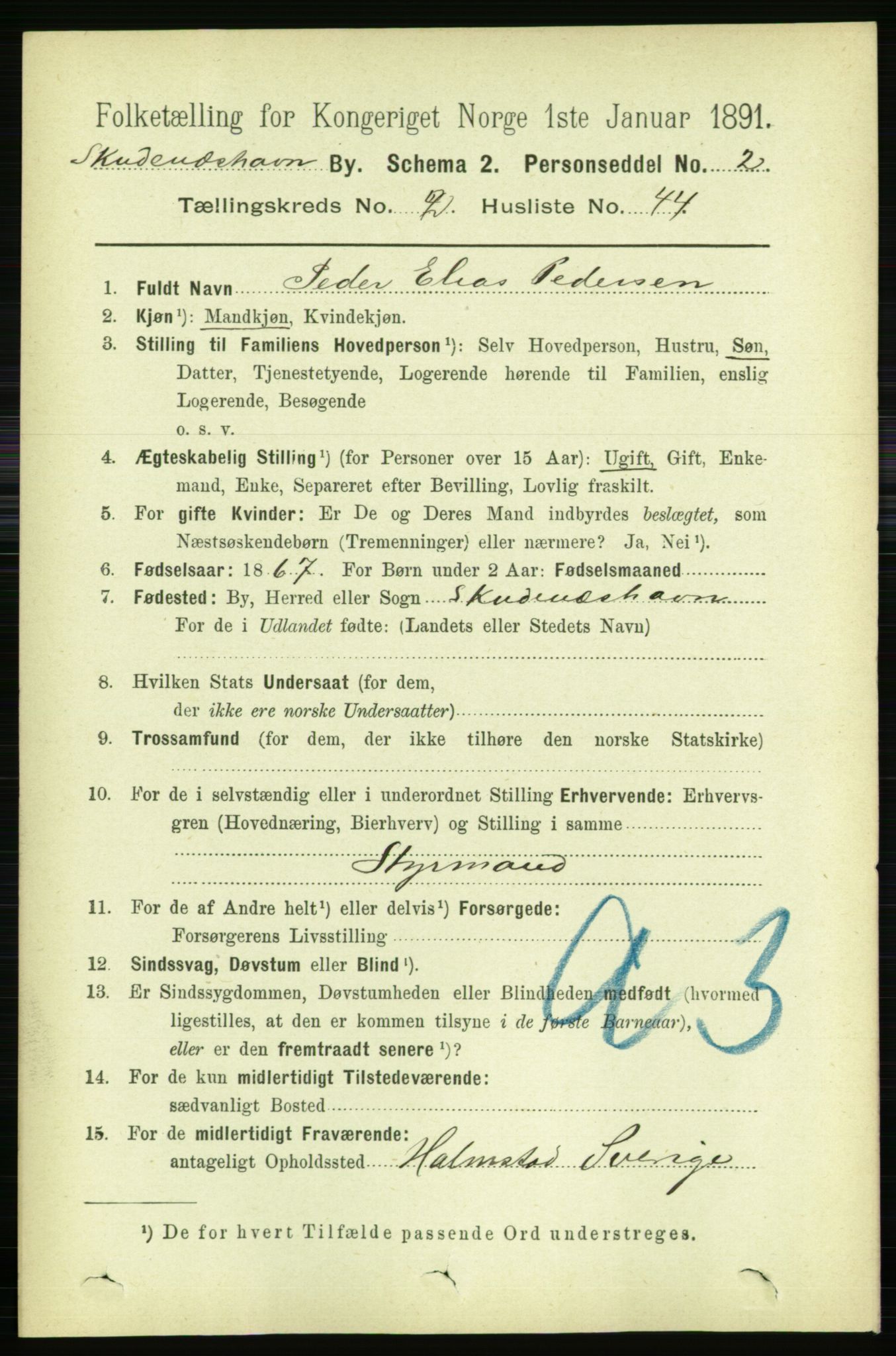 RA, 1891 census for 1104 Skudeneshavn, 1891, p. 831