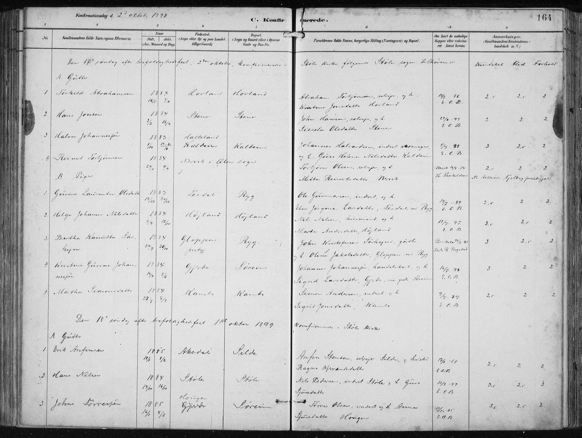 Etne sokneprestembete, SAB/A-75001/H/Haa: Parish register (official) no. B  1, 1879-1919, p. 164