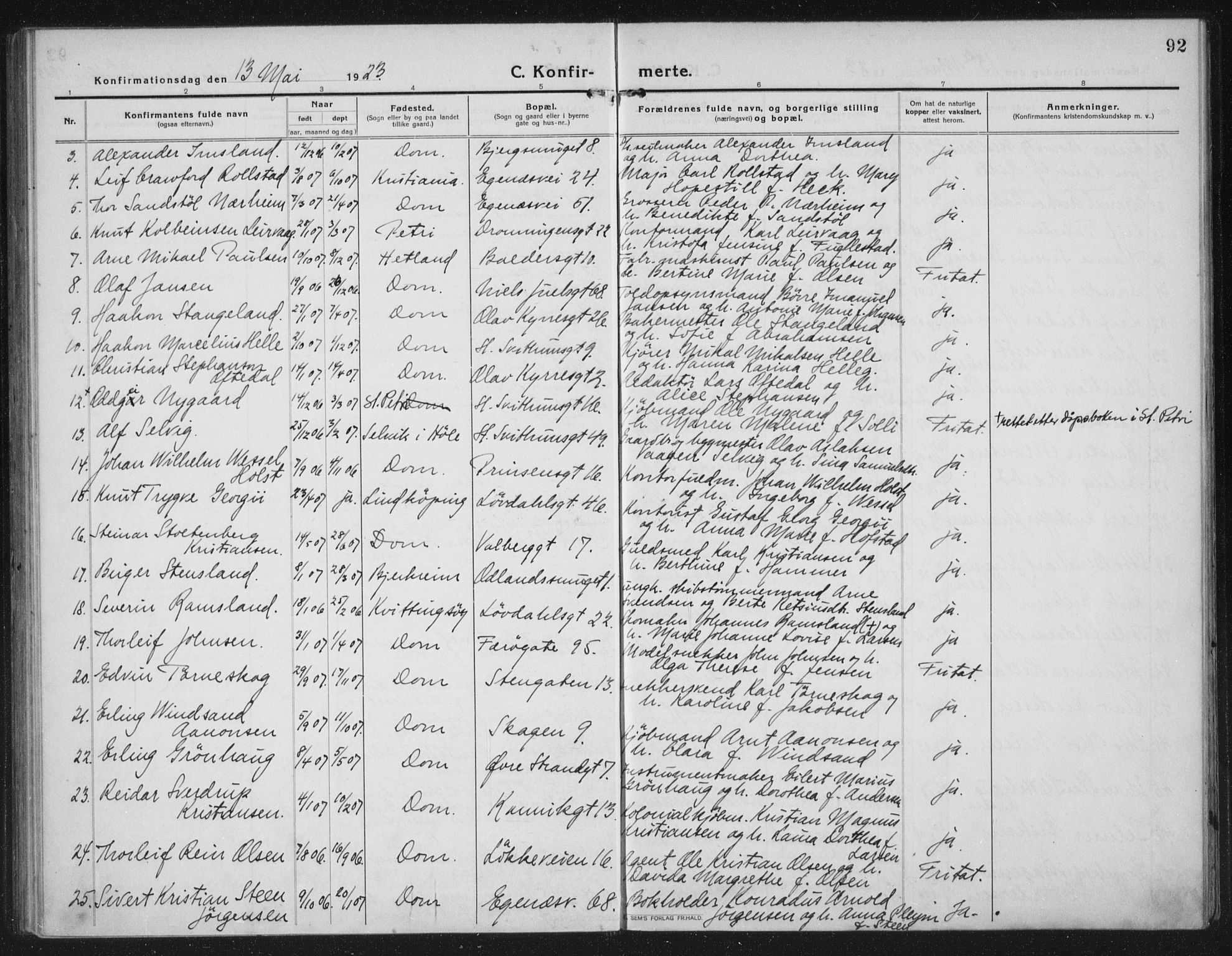 Domkirken sokneprestkontor, AV/SAST-A-101812/002/A/L0019: Parish register (official) no. A 35, 1916-1932, p. 92