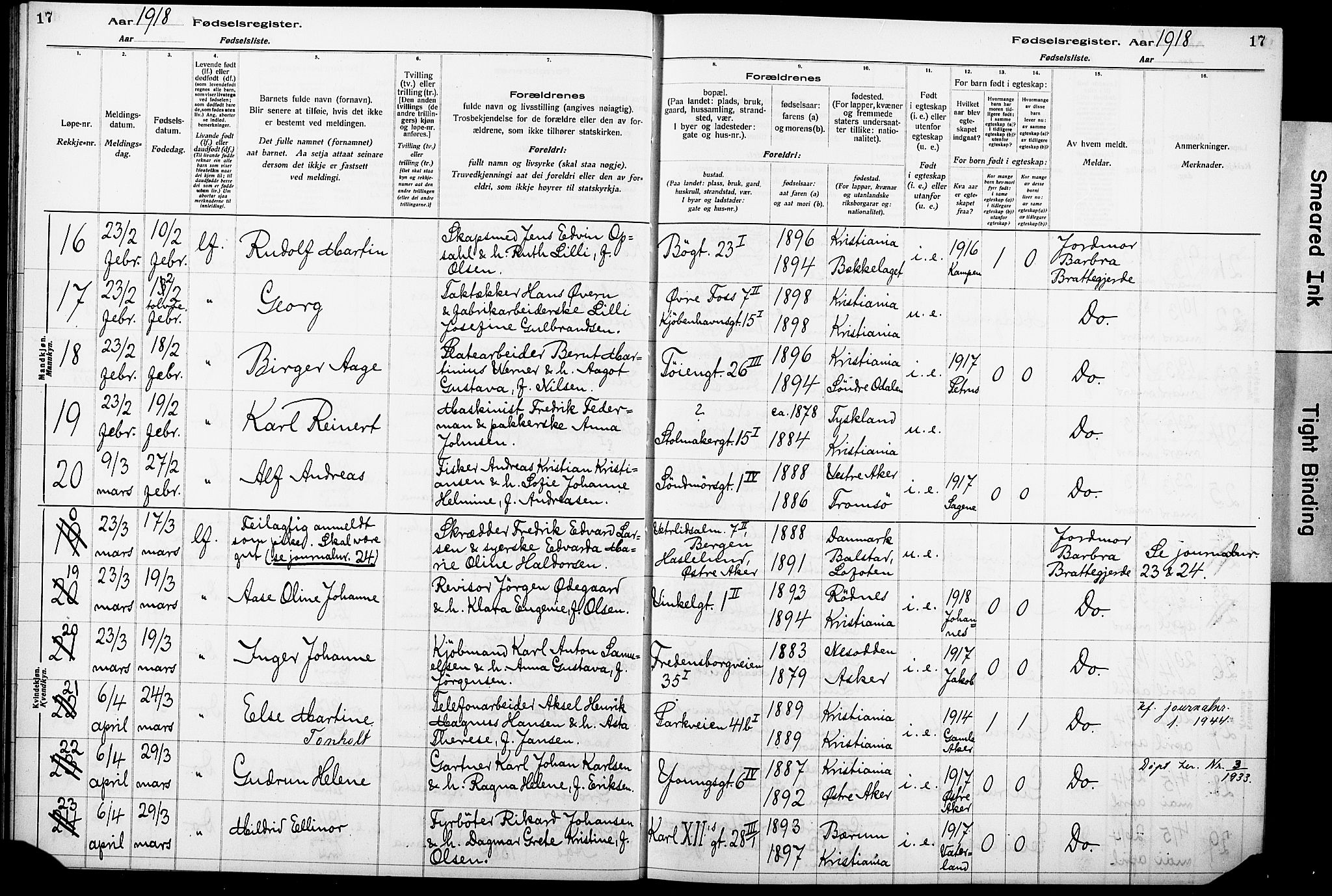 Krohgstøtten sykehusprest Kirkebøker, SAO/A-10854/J/Ja/L0001: Birth register no. 1, 1917-1928, p. 17