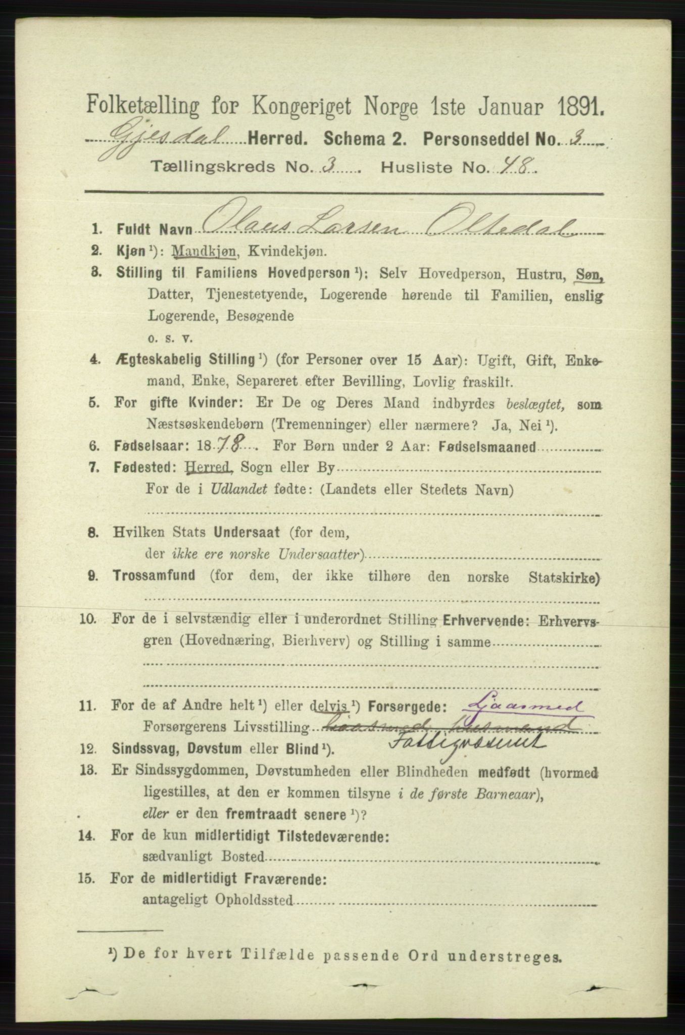 RA, 1891 census for 1122 Gjesdal, 1891, p. 1132