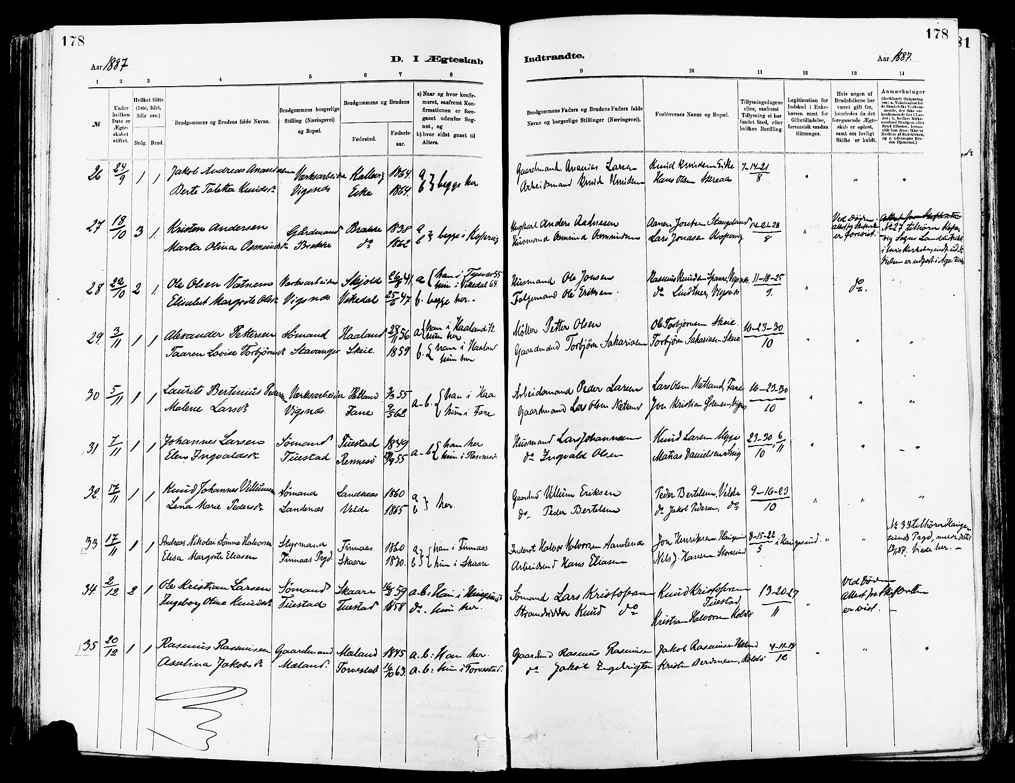 Avaldsnes sokneprestkontor, AV/SAST-A -101851/H/Ha/Haa/L0015: Parish register (official) no. A 15, 1880-1906, p. 178