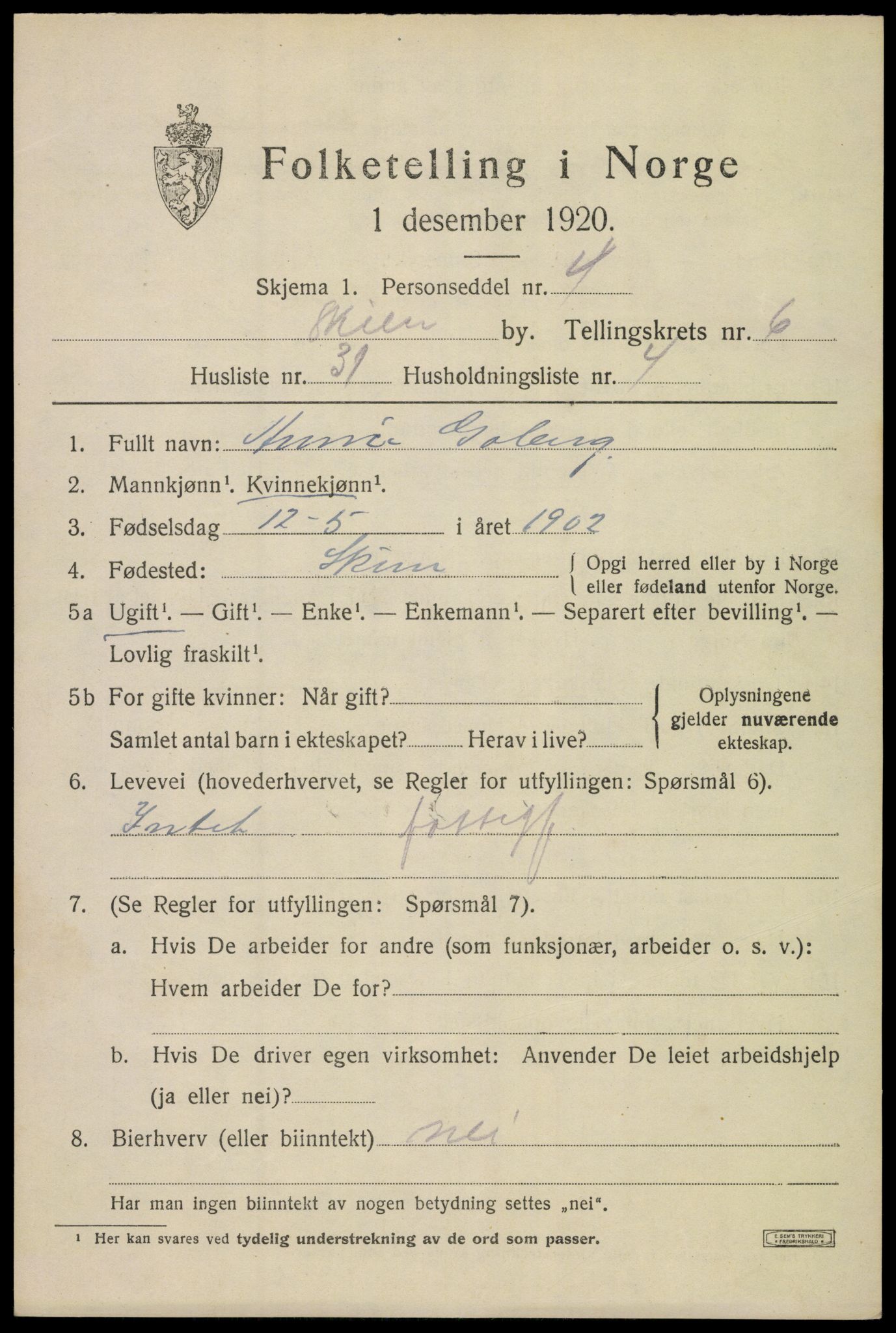 SAKO, 1920 census for Skien, 1920, p. 22474