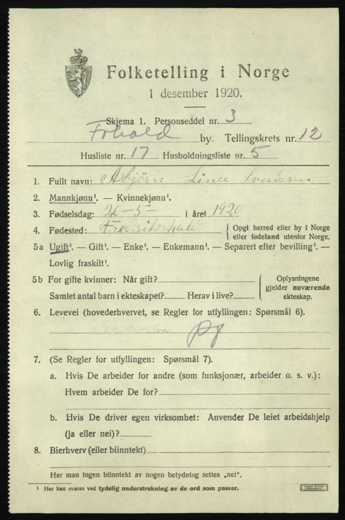 SAO, 1920 census for Fredrikshald, 1920, p. 20235