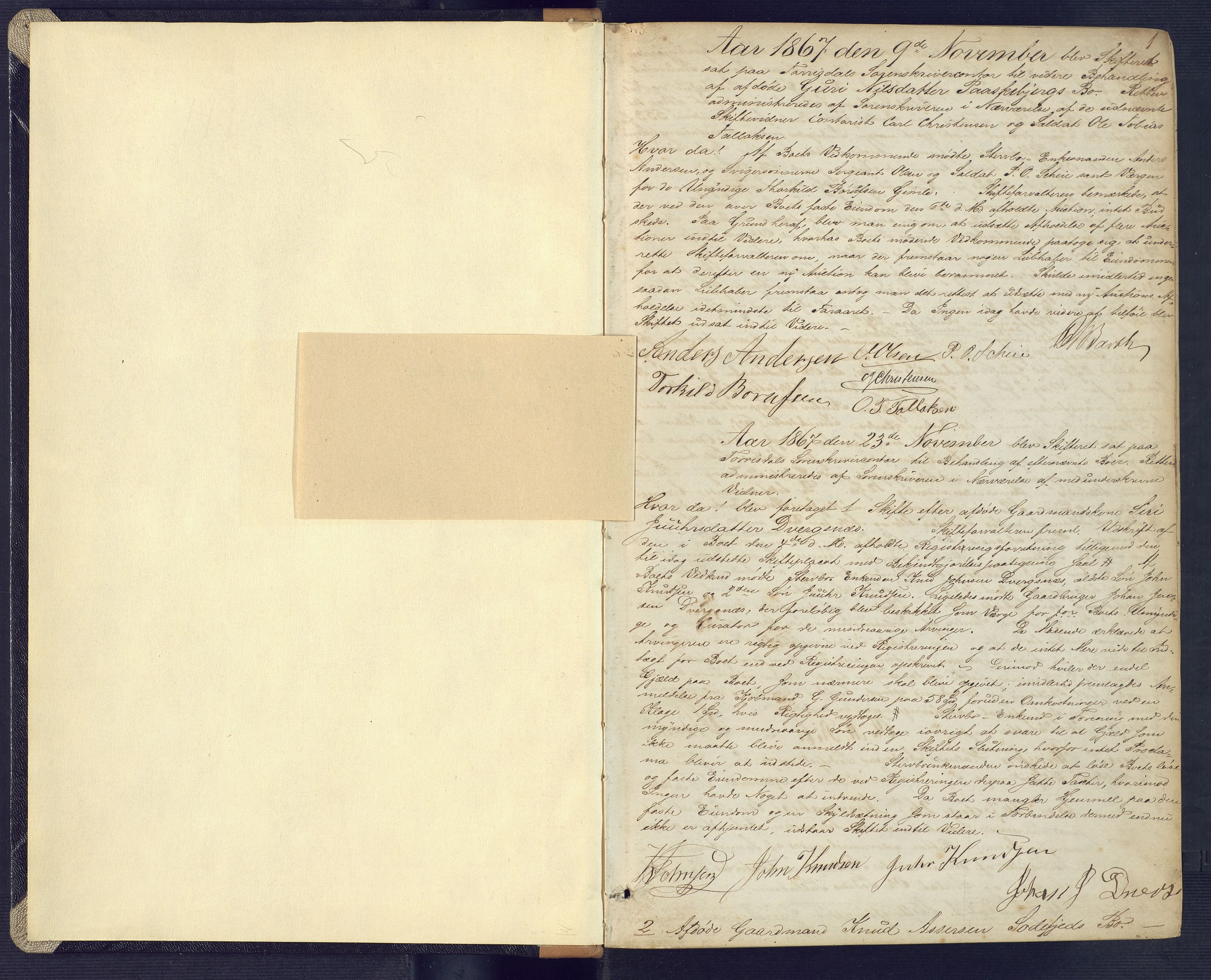 Torridal sorenskriveri, SAK/1221-0012/H/Hc/L0016: Skifteforhandlingsprotokoll med navneregister nr. 2, 1867-1878, p. 1