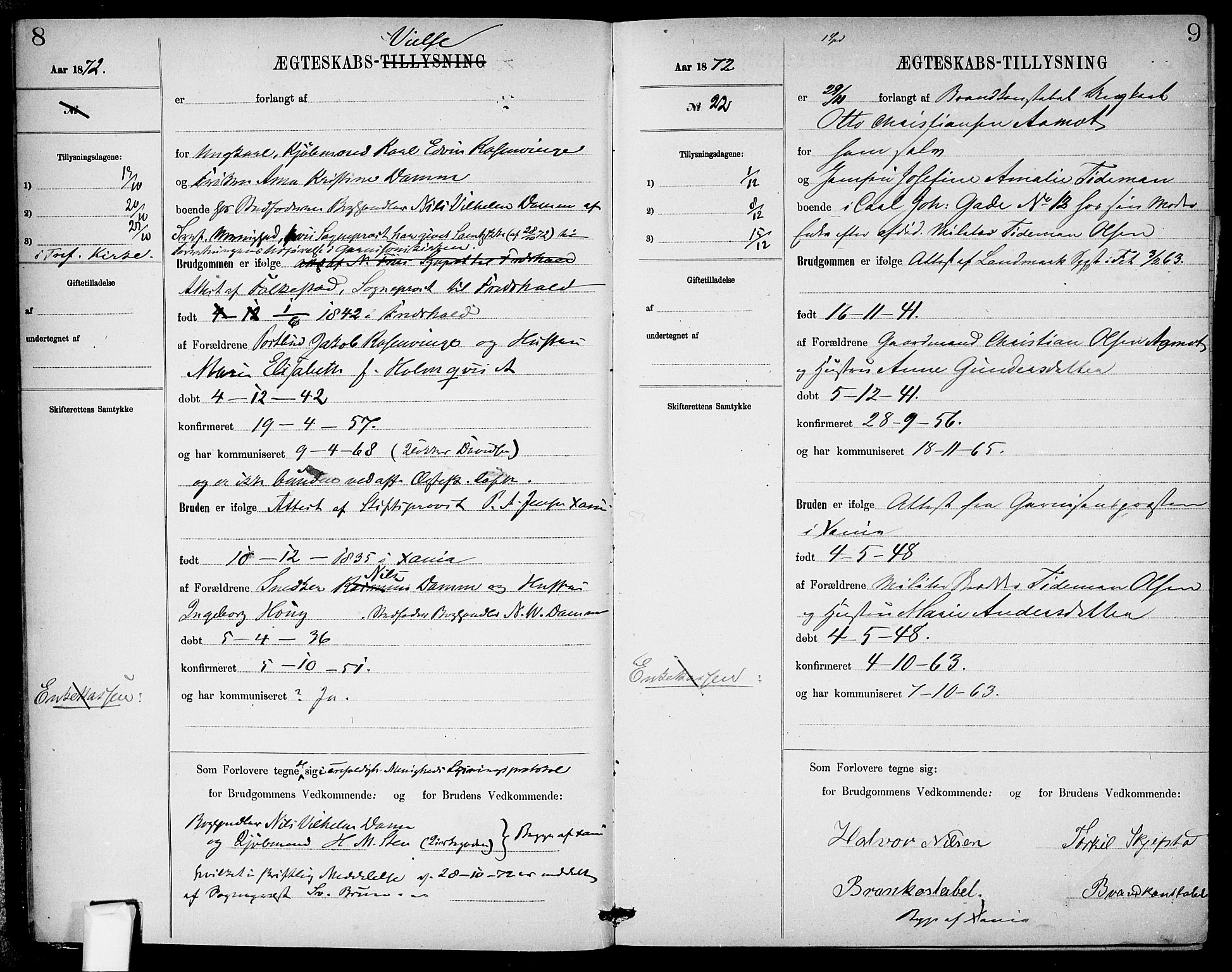 Garnisonsmenigheten Kirkebøker, AV/SAO-A-10846/H/Ha/L0007: Banns register no. I 7, 1872-1893, p. 8-9