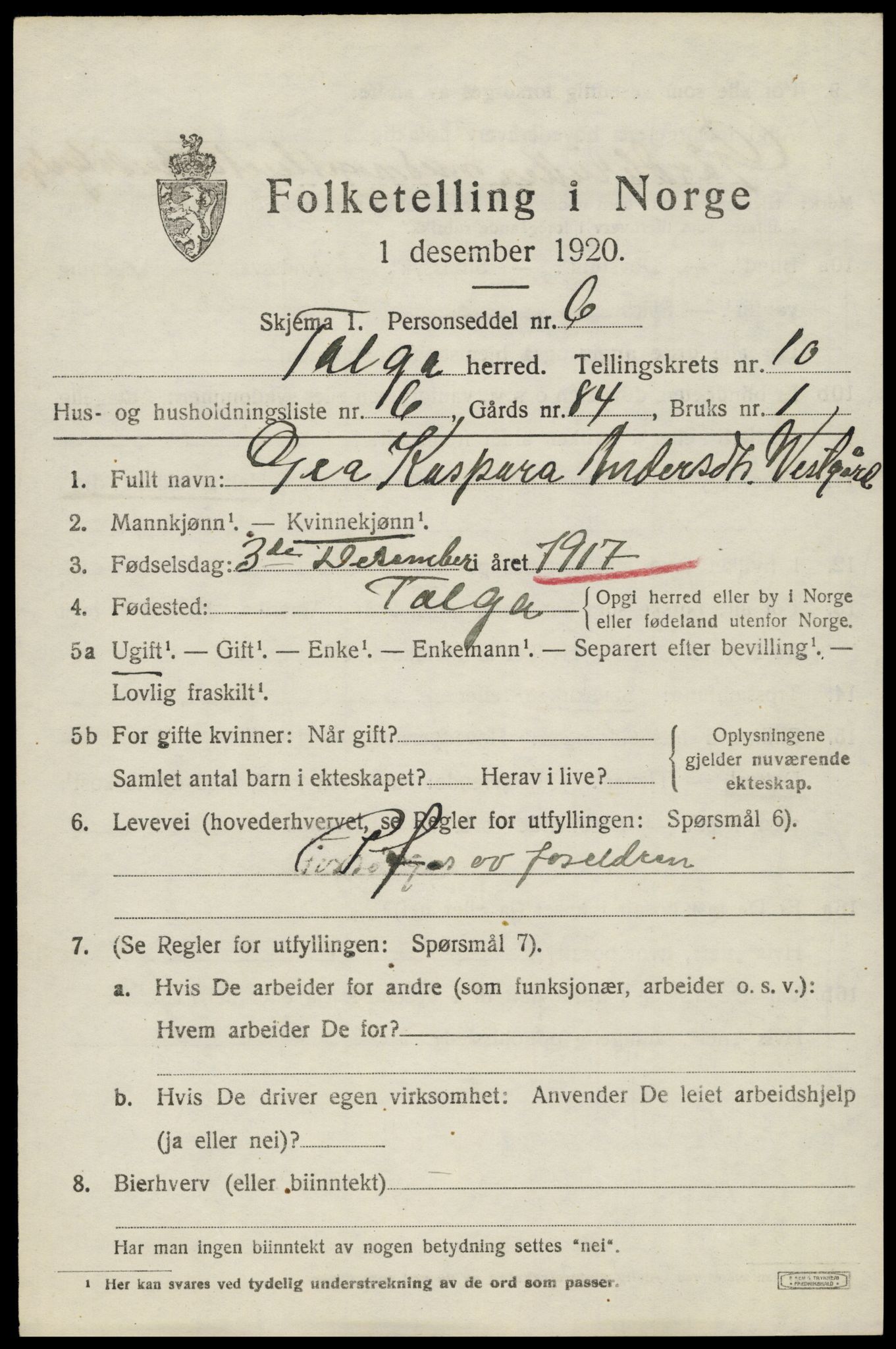 SAH, 1920 census for Tolga, 1920, p. 4961