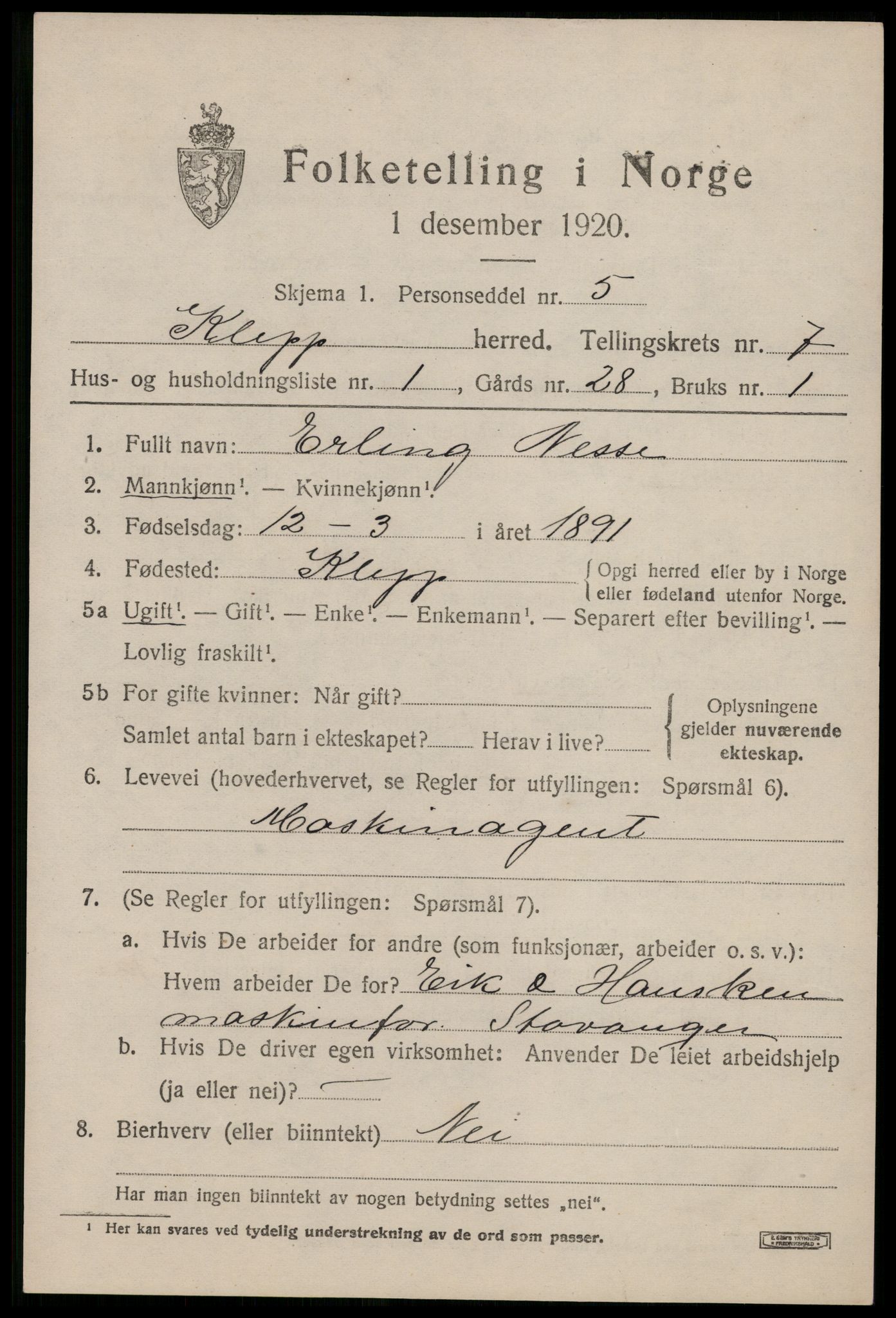 SAST, 1920 census for Klepp, 1920, p. 6582