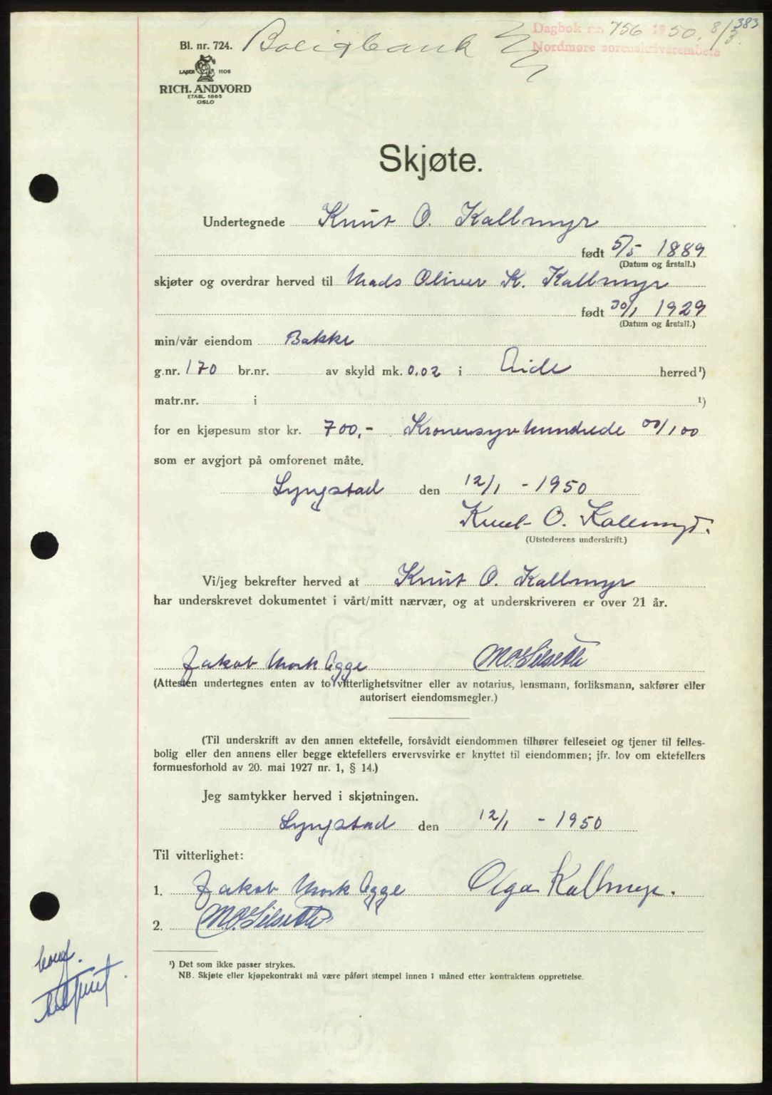 Nordmøre sorenskriveri, AV/SAT-A-4132/1/2/2Ca: Mortgage book no. A114, 1950-1950, Diary no: : 756/1950