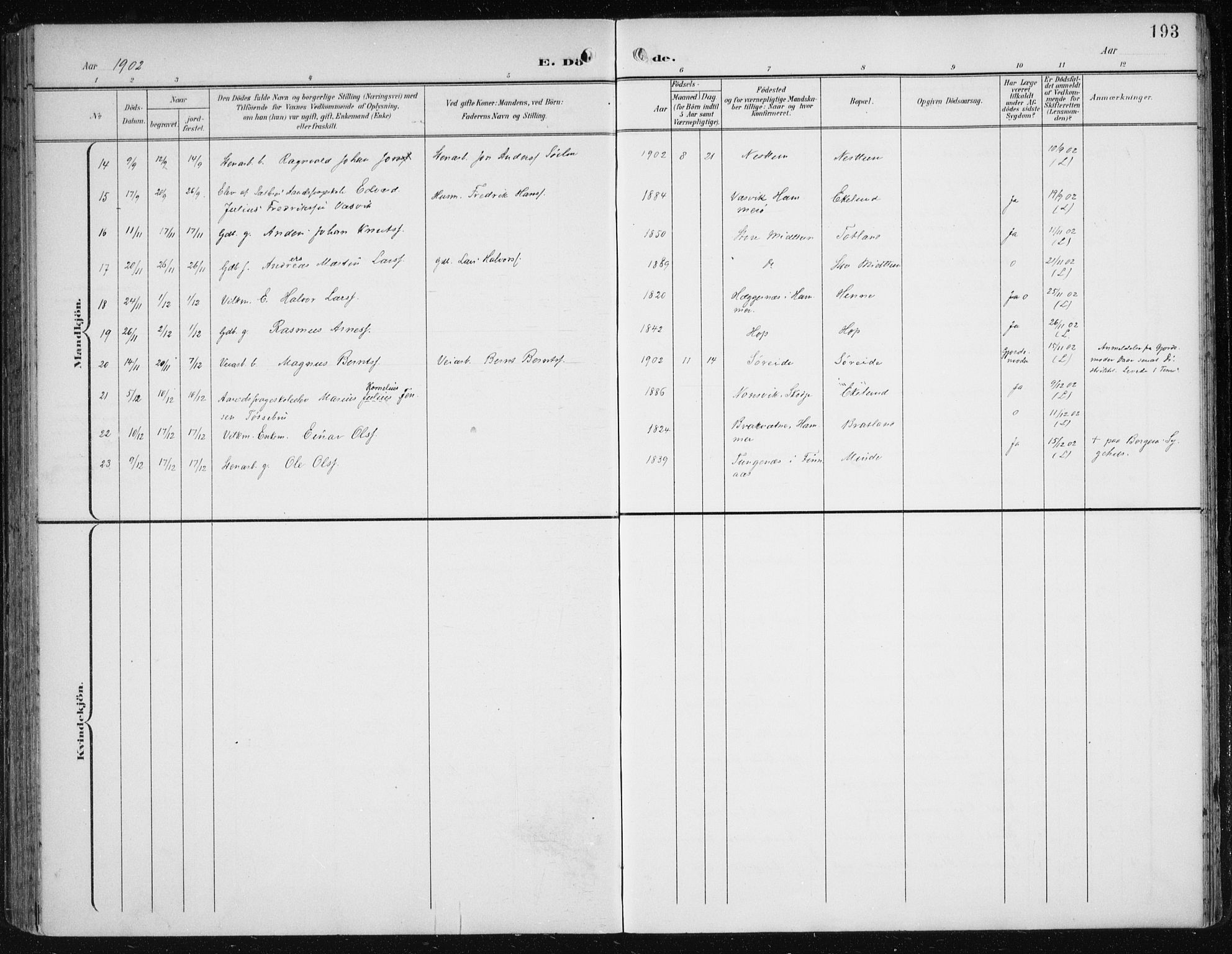 Fana Sokneprestembete, SAB/A-75101/H/Haa/Haai/L0003: Parish register (official) no. I 3, 1900-1912, p. 193