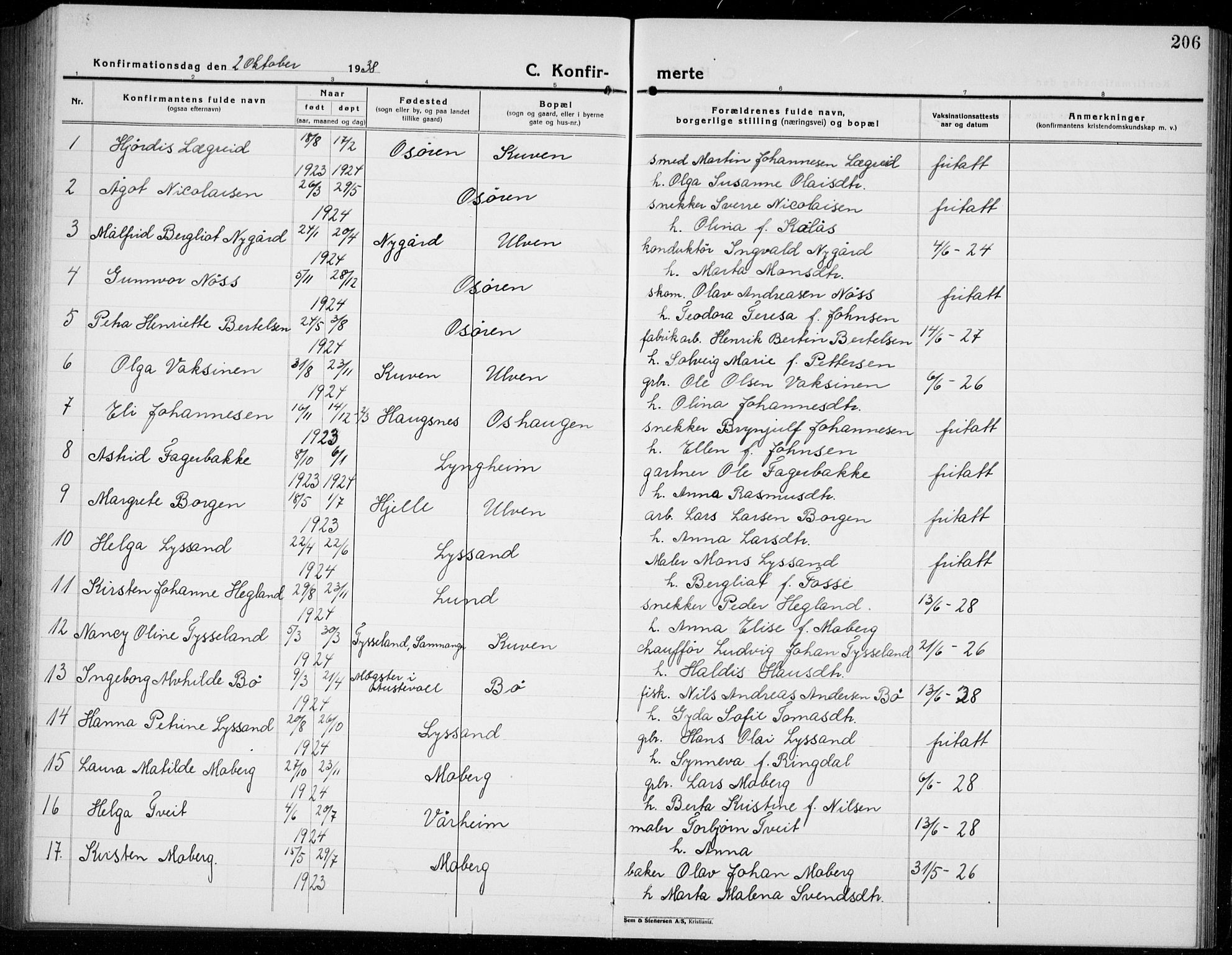 Os sokneprestembete, AV/SAB-A-99929: Parish register (copy) no. A 5, 1923-1941, p. 206